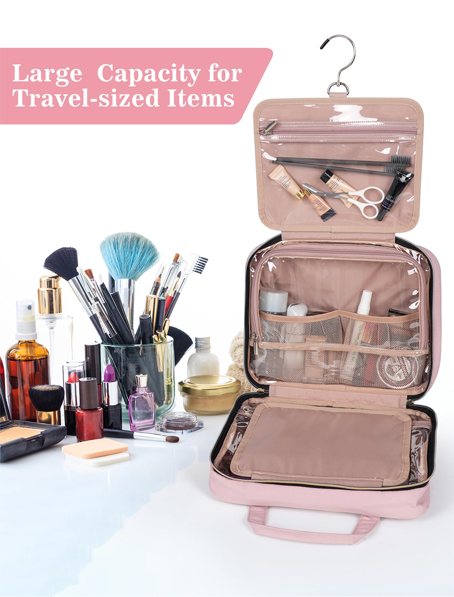 Waterproof Hanging Toiletry Bag for Women - Large Capacity Travel Makeup Organizer with Hook for Accessories, Shampoo & Full-Size Toiletries (Pink) | Perfect for Vacation, Gym & Business Trips