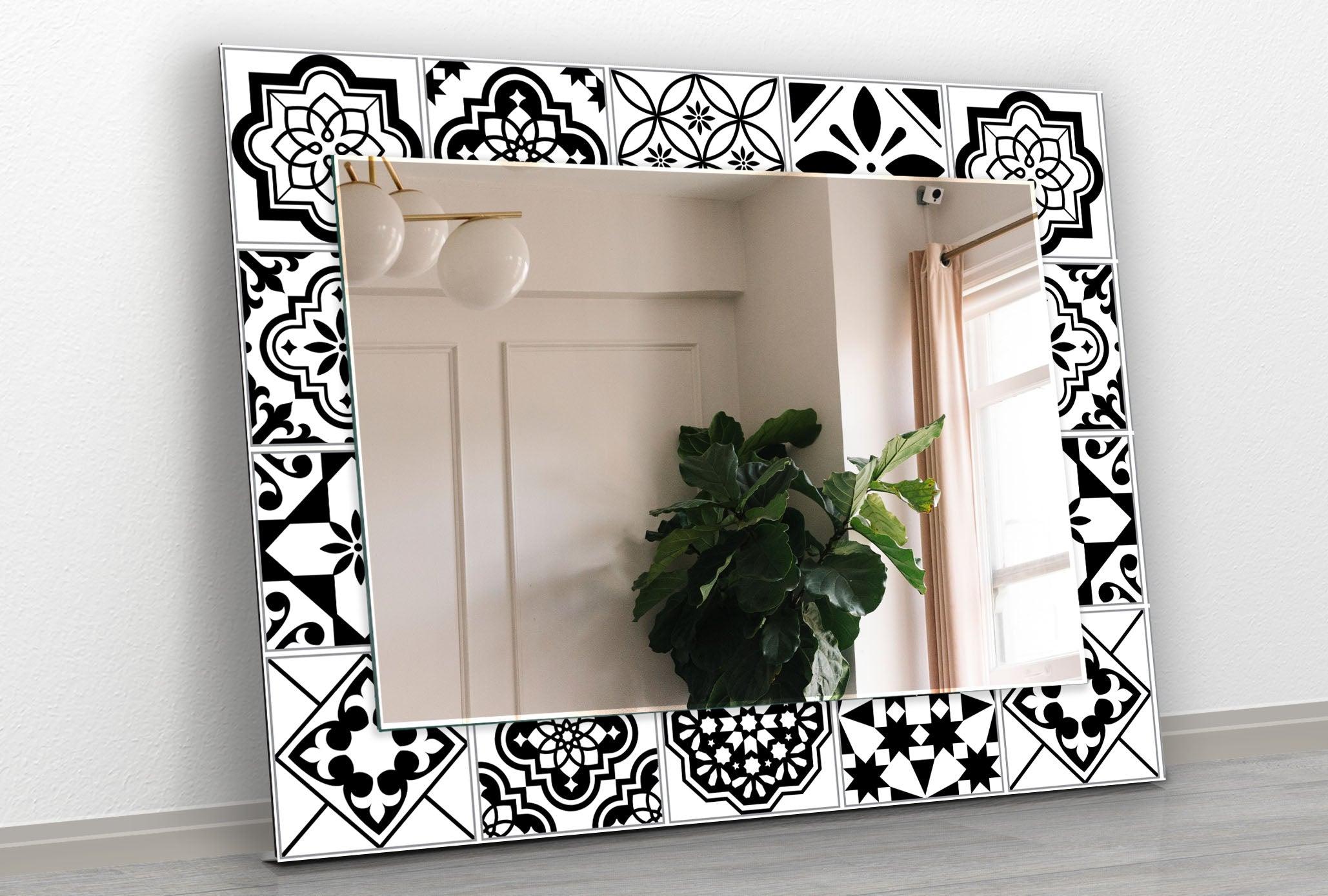 Black and White Mosaic Wall Mirror - Decorative Bathroom Vanity Mirror for Home Decor, Living Room, Bedroom, or Entryway