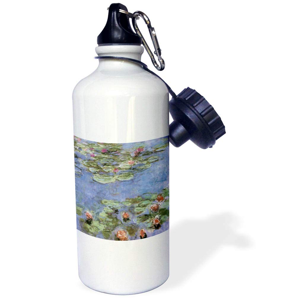 3D Rose Water Lilies Vintage Monet 21 oz White Sports Water Bottle for Gym, Hiking, and Outdoor Activities