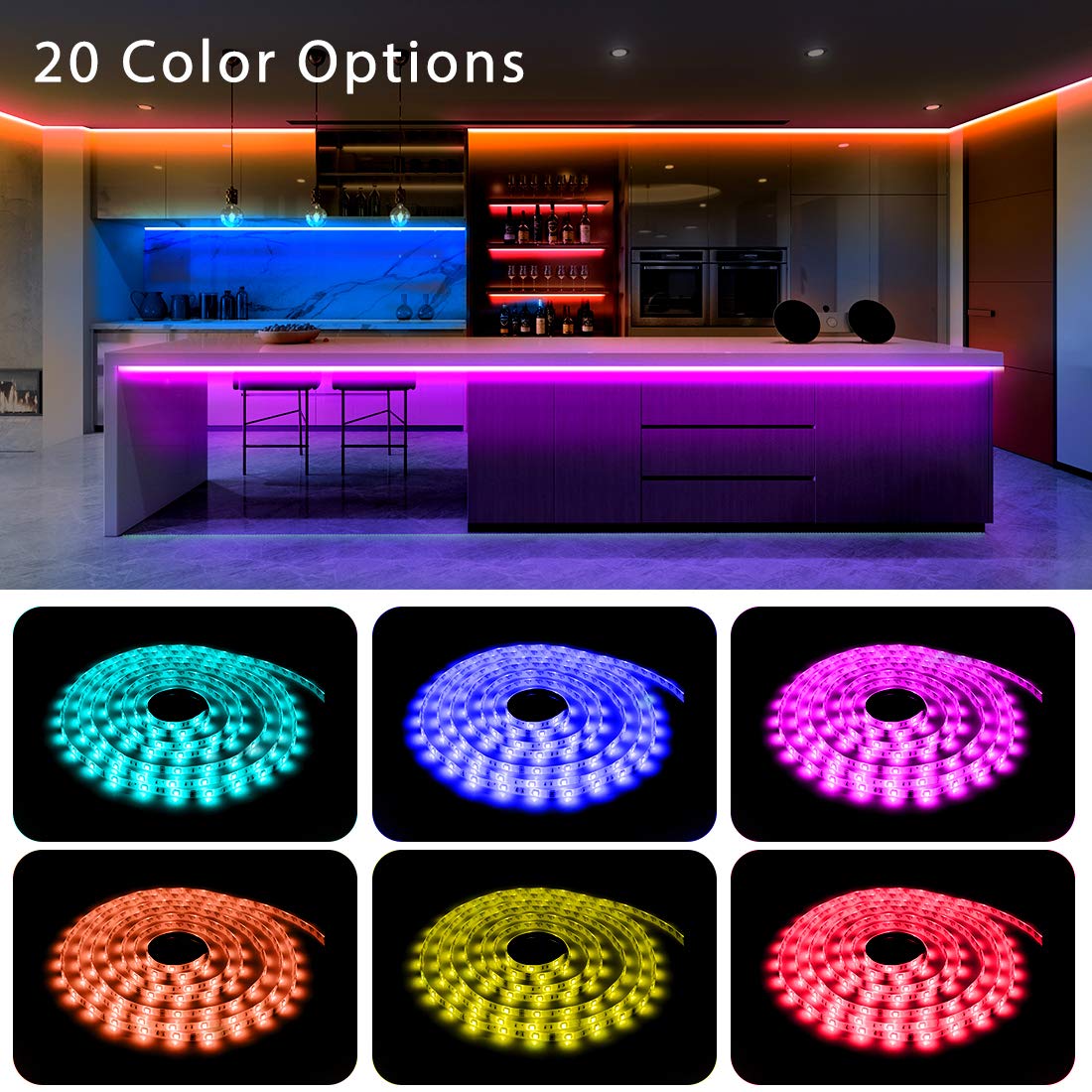 Phopollo 5050 LED Strip Lights 25ft - 44 Keys IR Remote Controller, 12V Power Supply for Bedroom, Kitchen, Gaming Room, Home Decor