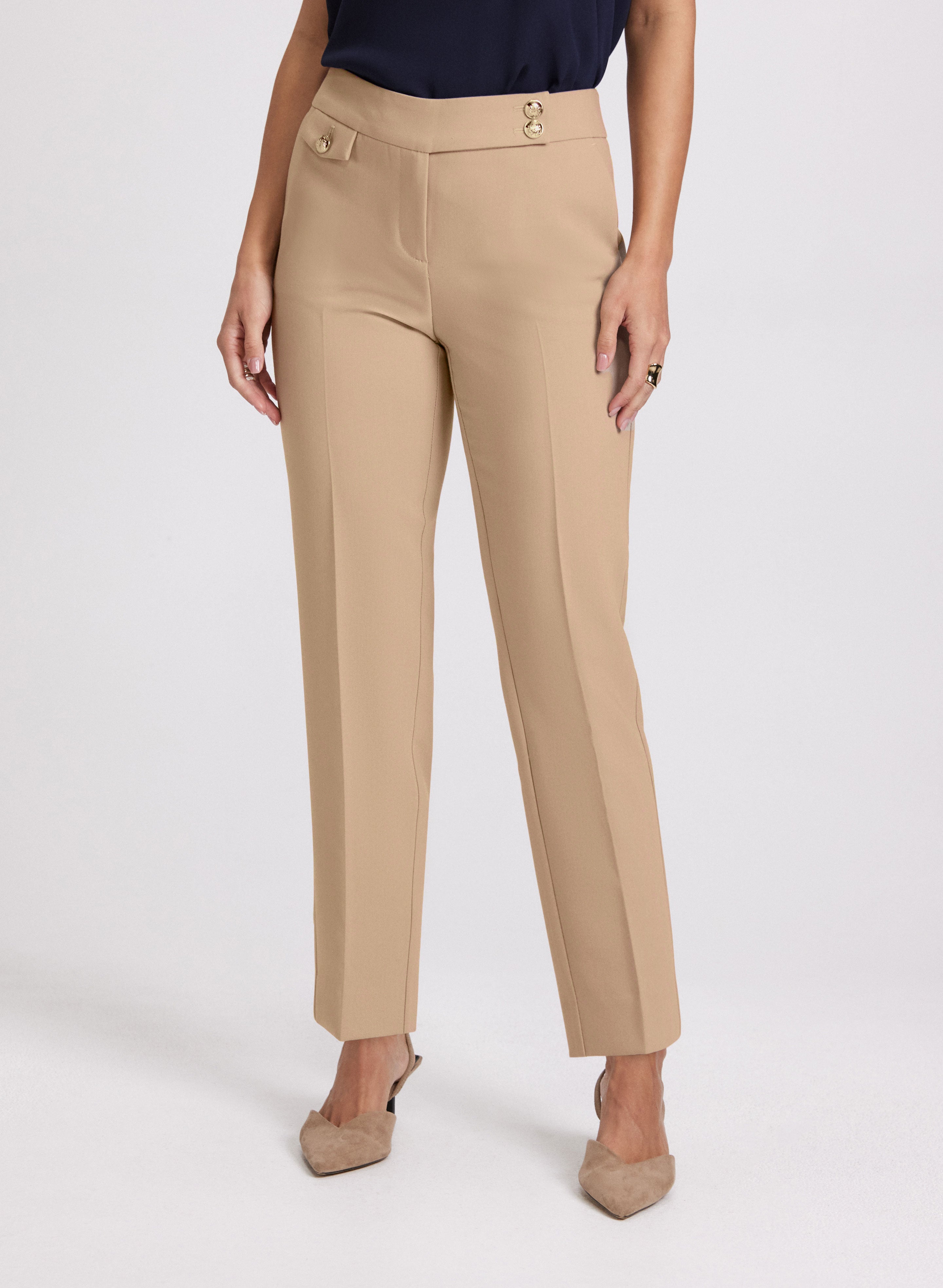 Emma Embossed Button Slim Leg Pants for Women - High Waisted Office Trousers, Stretchy Work Pants for Business Casual & Professional Outfits