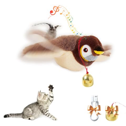 2025 New Interactive Flying Bird Cat Toy with Chirping Sound & Flapping Wings - Best Indoor Cat Toy for Bored Adult Cats - Brown - Perfect for Playtime & Exercise