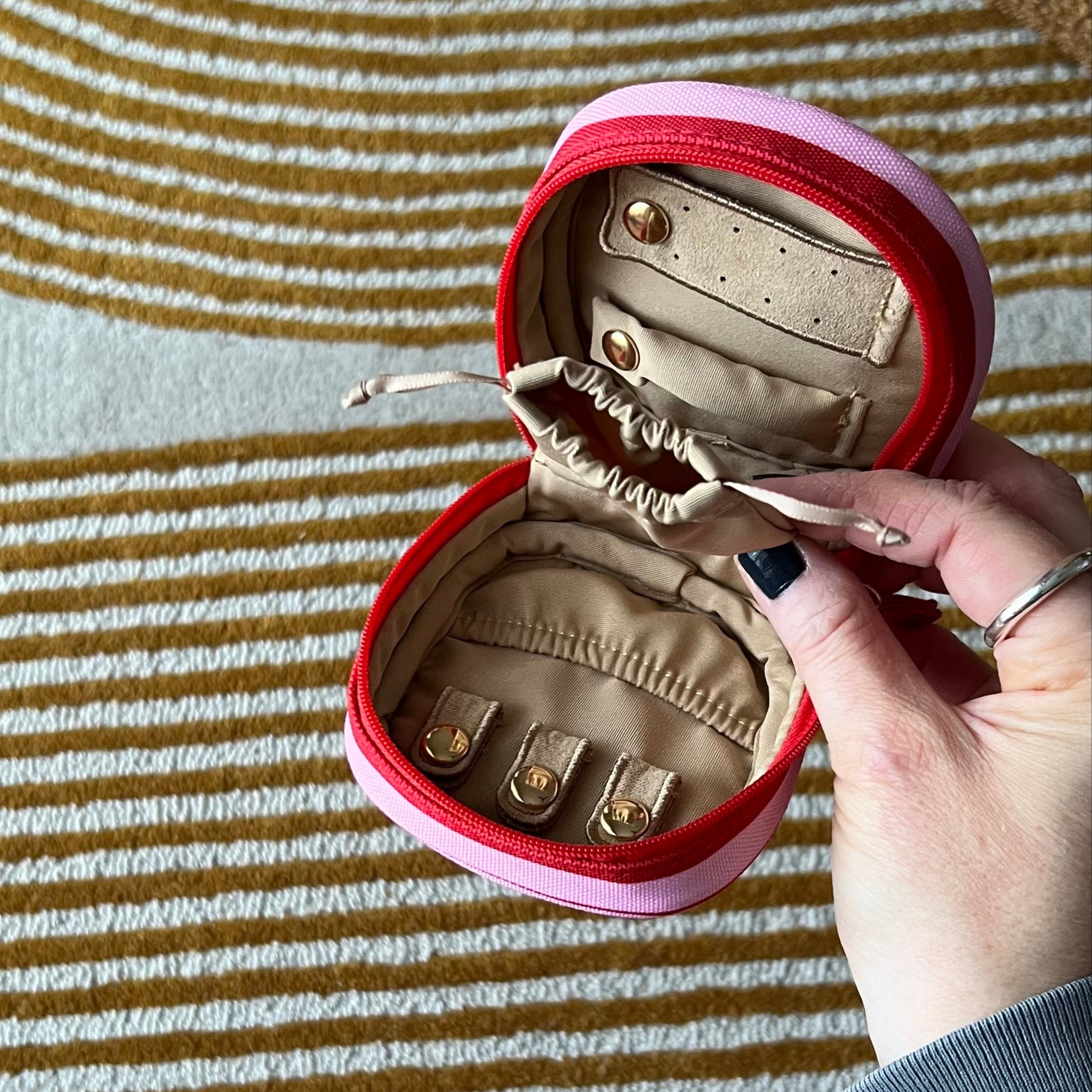 Stylish Pink and Red Stripe Travel Jewelry Case - Compact Organizer for Necklaces, Rings & Earrings - Perfect for Vacations, Business Trips & Gifts