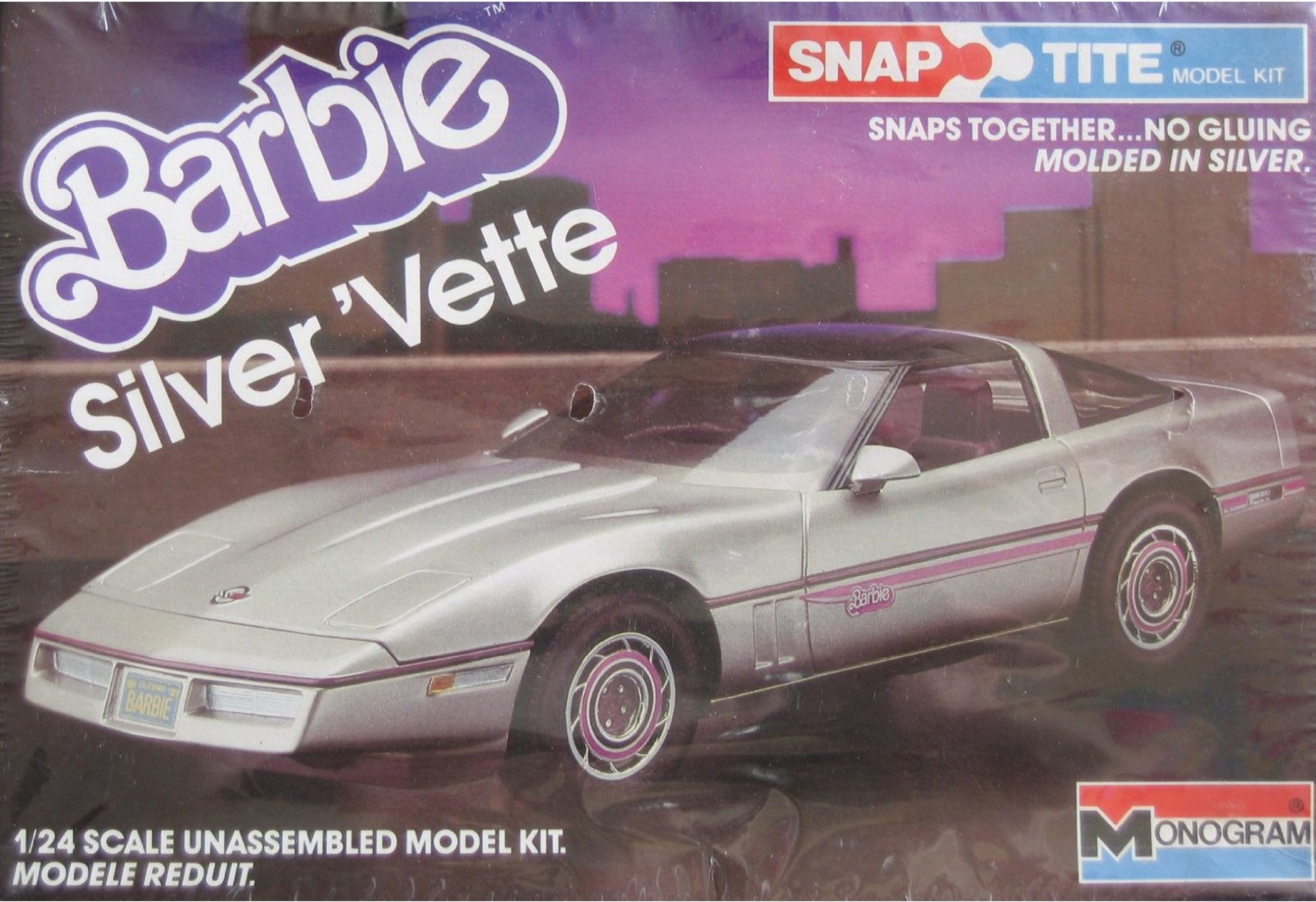 Barbie Silver Corvette Snap Tite Plastic Model Kit - 1/24 Scale Collectible Toy Car for Girls & Collectors (1984 Monogram) | Perfect for Display, Gifts & Nostalgic Play