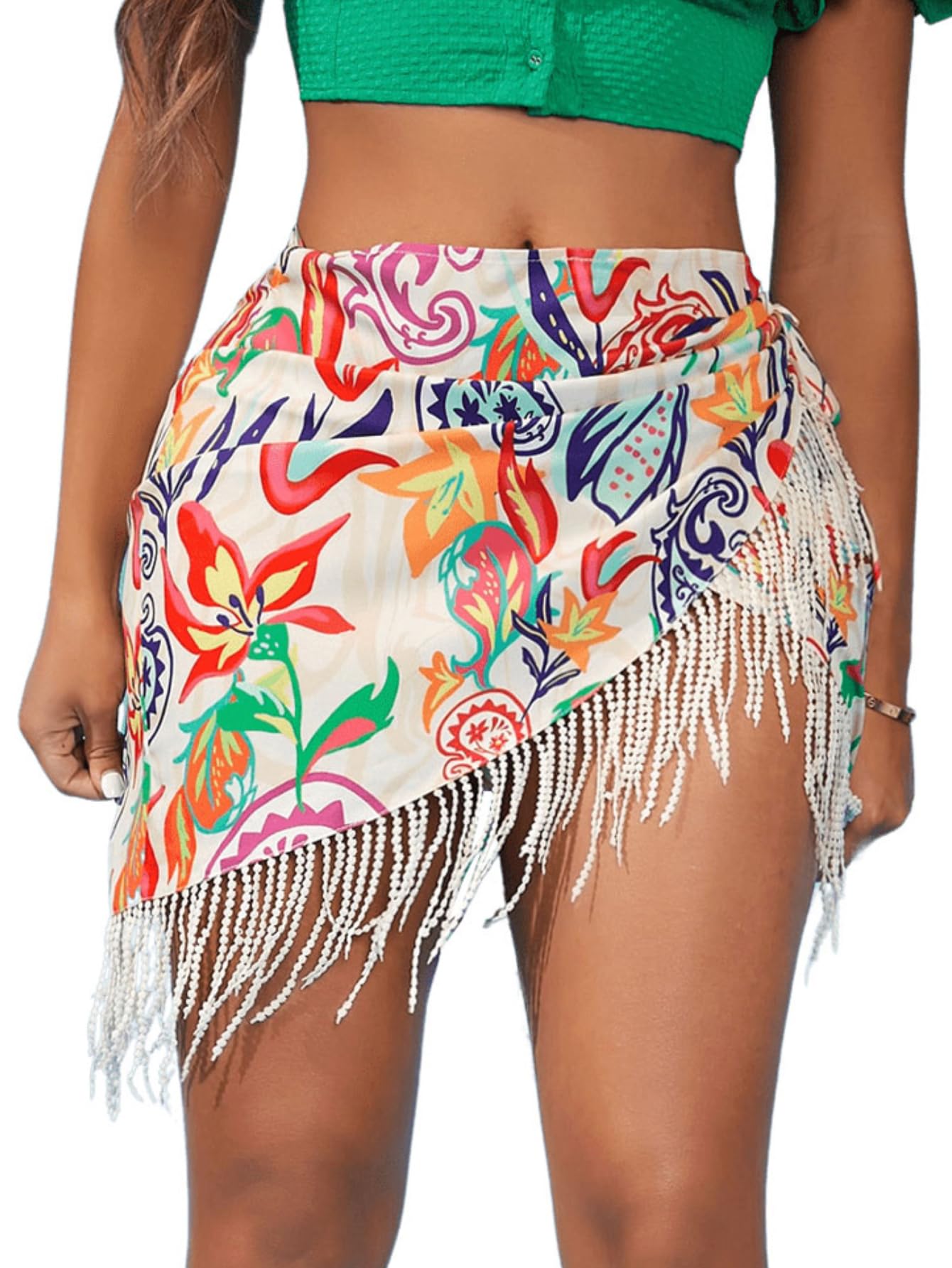 MakeMeChic Women's Floral Wrap Mini Skirt with Tie Side & Tassel Detail - Sexy Beach Cover Up, Summer Vacation Outfit, Pool Party Dress