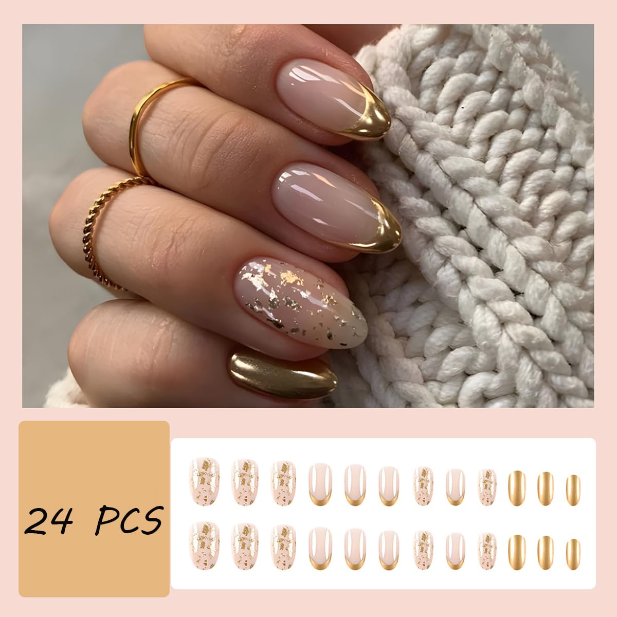 24pcs Gold French Tip Press on Nails - Medium Almond Fake Nails with Glitter | Full Cover Glue on Artificial Nails for Women | Perfect for Parties, Weddings & Daily Nail Art Decorations