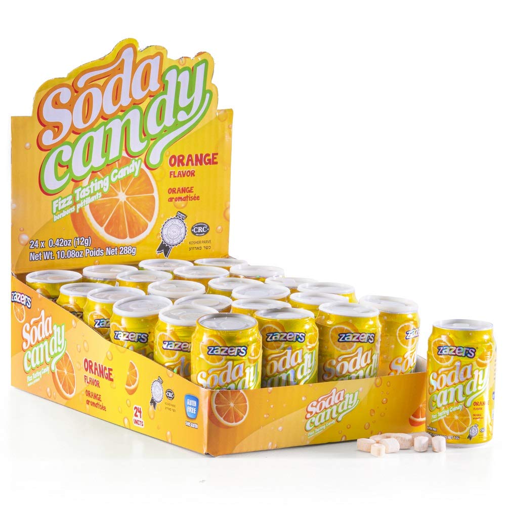 Zazers Soda Can Fizzy Candy - Orange Flavored Hard Candies | Novelty Kosher & Gluten Free Bulk Candy (24 Pack, 0.42oz Each) - Perfect for Parties, Gifts & Movie Nights