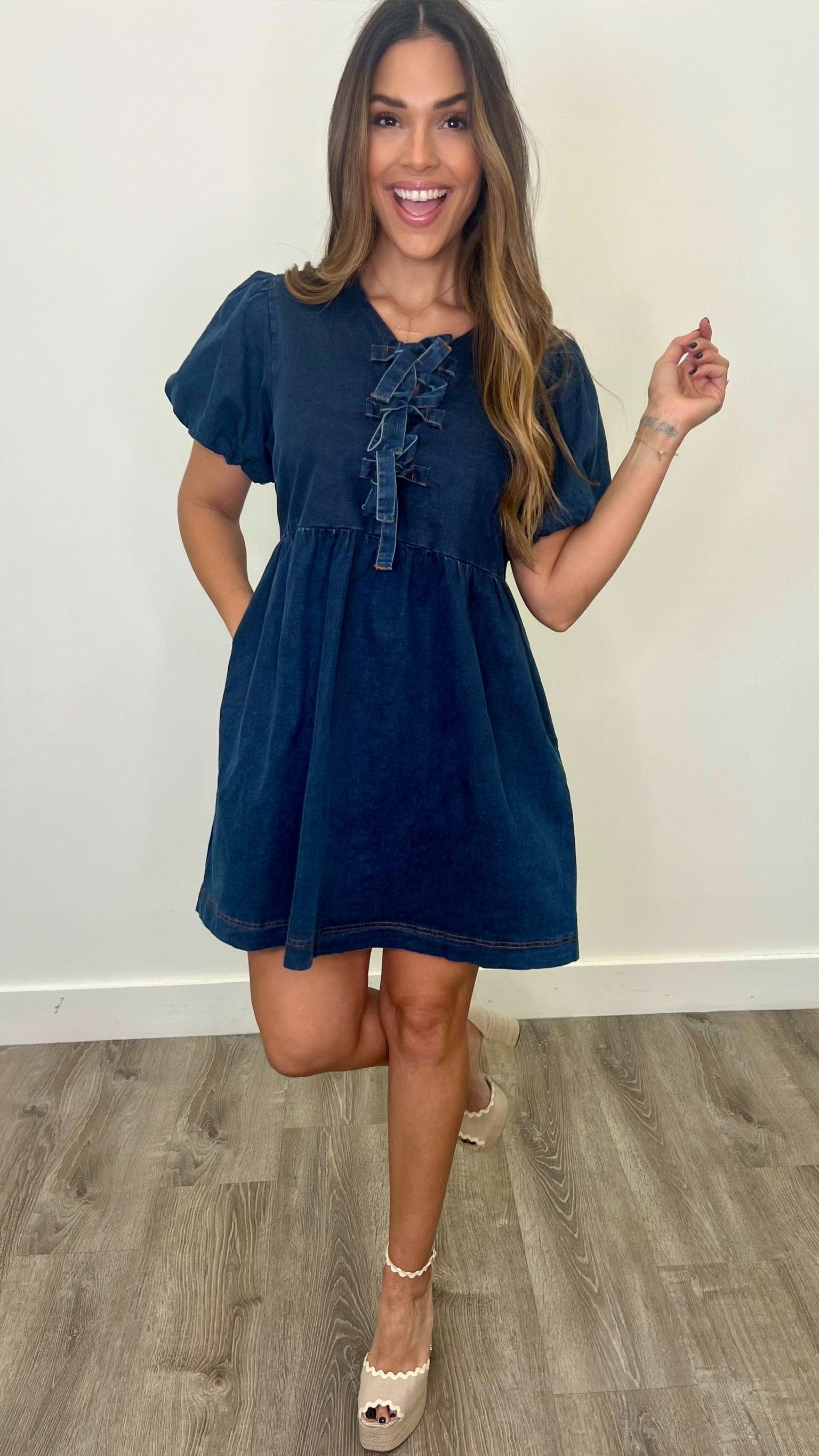 Lizzie Dark Denim Babydoll Dress for Women - Vintage Inspired Mini Dress with Flutter Sleeves - Perfect for Date Night, Party & Casual Outings