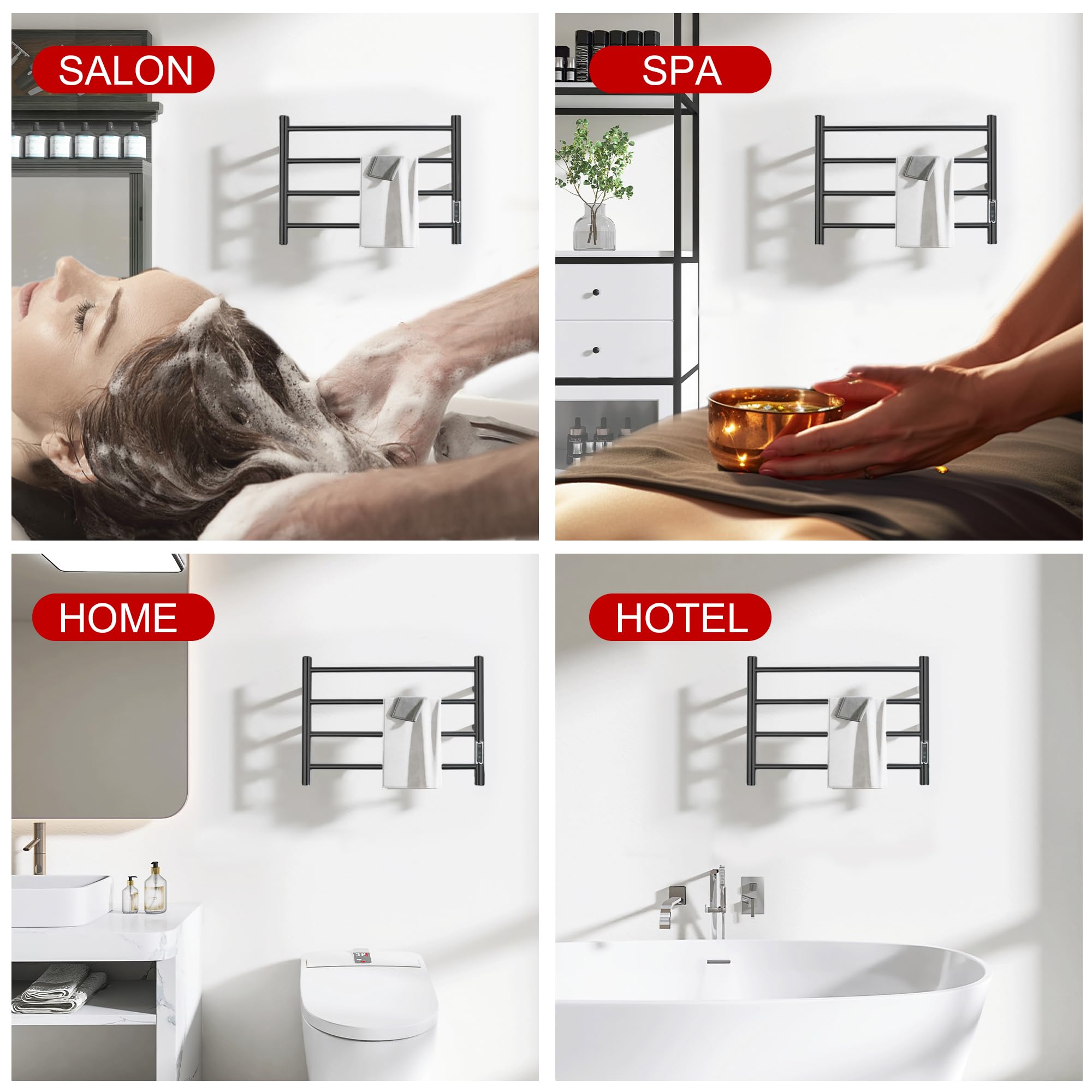 Electric Heated Towel Rack for Bathroom - 4 Bar Stainless Steel Wall Mounted Towel Warmer with Timer & Temperature Control - Matte Black - Perfect for Spa, Luxury Bathroom & Home Comfort