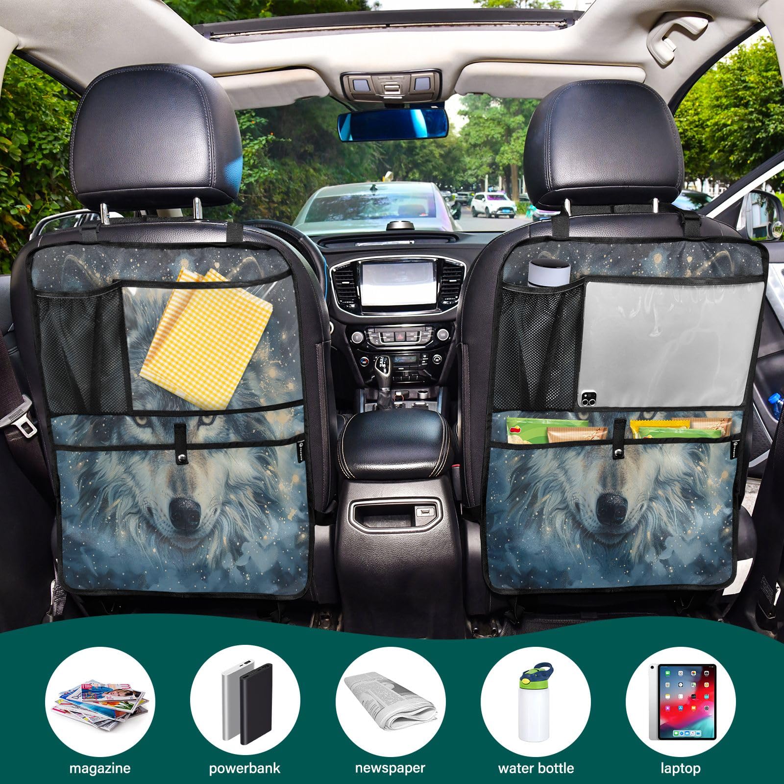 ODAWA Starry Wolf Car Seat Organizer 2 Pack - Back Seat Protector with Storage Pockets for Road Trips, Family Travel, and Daily Commutes