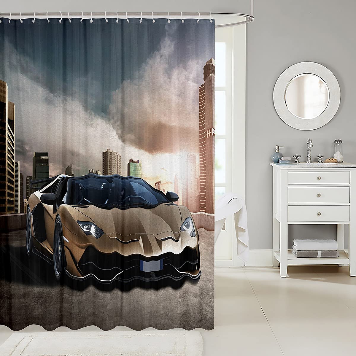 Feelyou Waterproof Race Car Shower Curtain - Sports Car Design for Kids Boys Girls Bathroom Decor, Galaxy Speed Racing Theme with Hooks - Perfect for Kids' Bathrooms, Themed Bedrooms & Playrooms