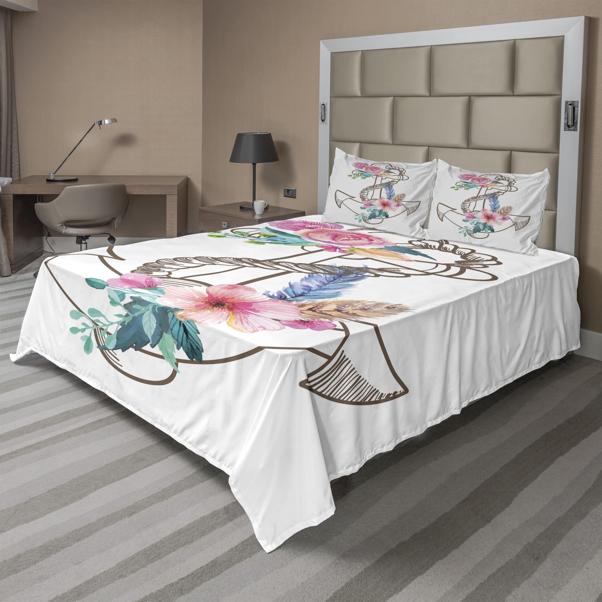 Ambesonne Anchor Sheet Set - Watercolor Spring Blossoms & Feathers Doodle Design | 4-Piece King Size Bedding Set with Fitted Sheet, Flat Sheet & Pillowcases | Brown & Pale Pink Coastal Theme | Perfect for Nautical Bedroom Decor, Guest Rooms & Beach House Styling