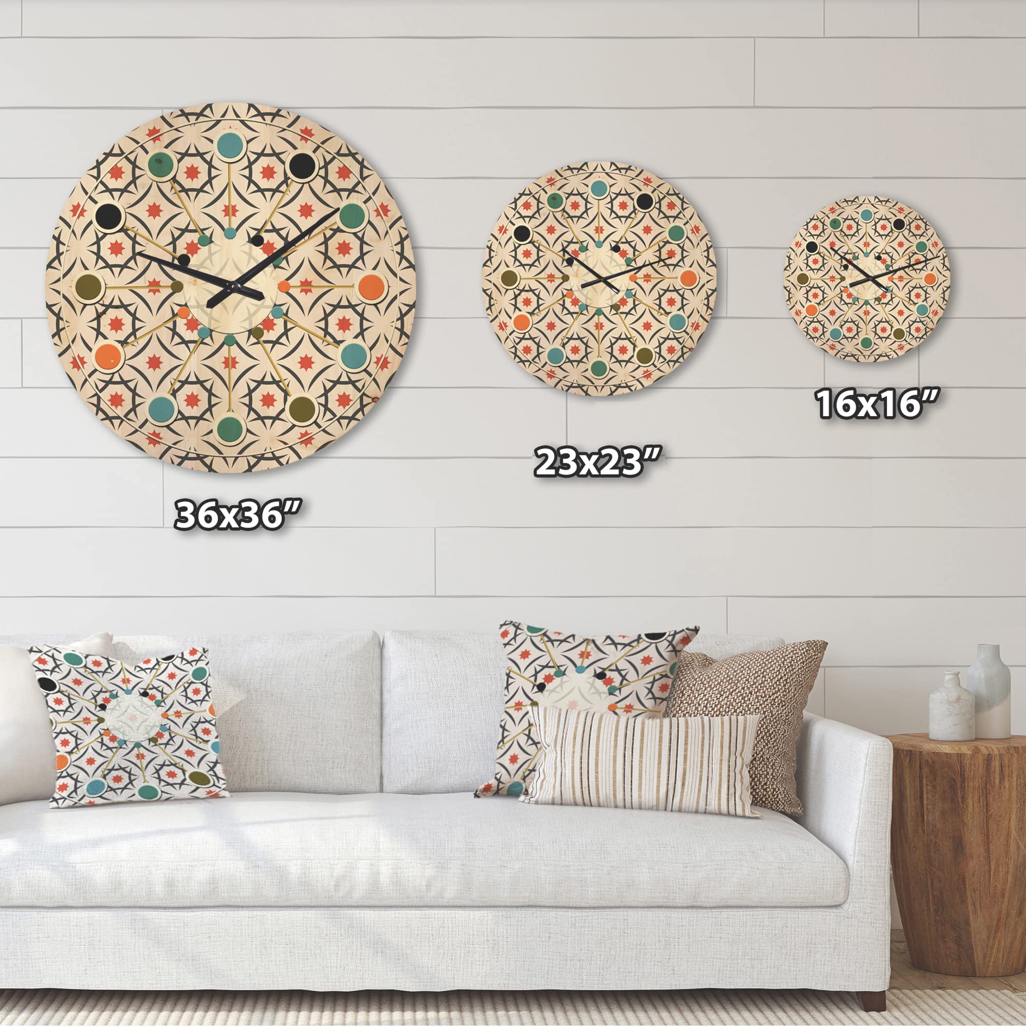 Abstract Retro Design Pattern V Mid-Century Modern Large Wood Wall Clock - Oversized Decorative Wooden Clock for Living Room, Bedroom & Office Décor