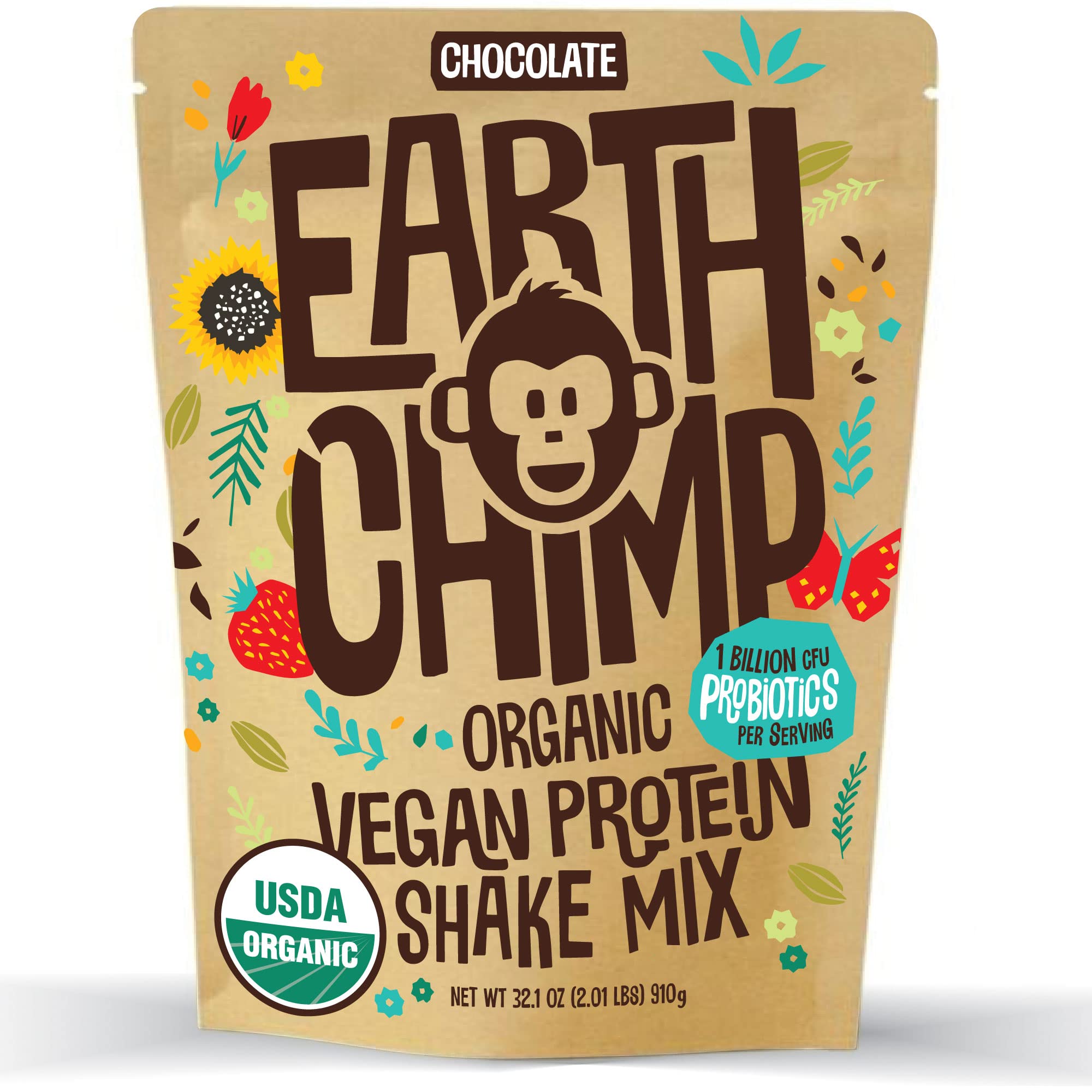 EarthChimp Organic Vegan Protein Powder - 26 Servings, 32 Oz - Plant-Based Chocolate Protein with Probiotics & Digestive Enzymes | Dairy Free, Non-GMO, Gluten Free, Gum Free | Perfect for Smoothies, Baking & Post-Workout Recovery