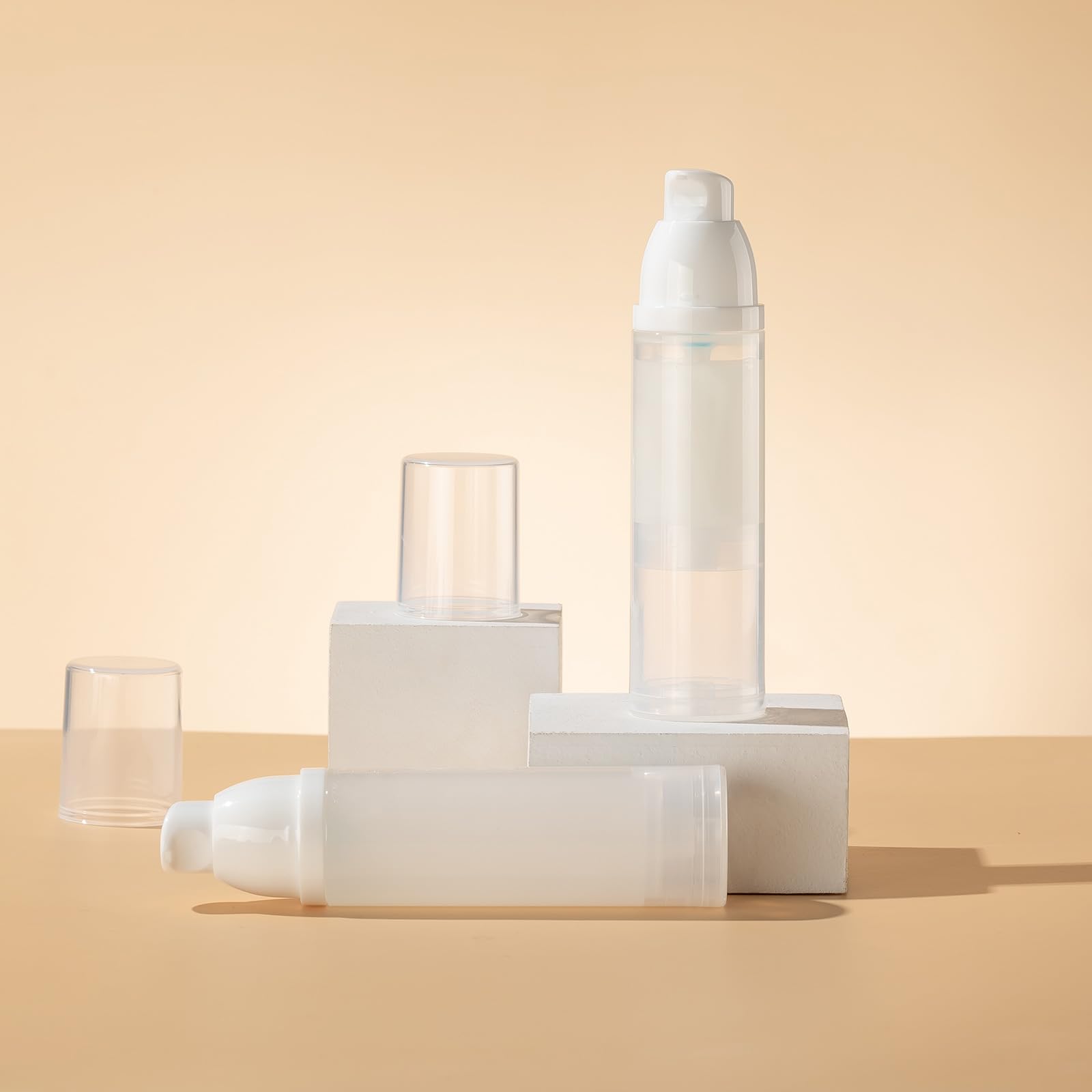 Airless Pump Bottles for Travel - 1.7 oz Empty Plastic Lotion Dispenser, Mini Vacuum Cream Jar & Shampoo Container (White) - Perfect for Toiletries, Skincare & Cosmetics On-The-Go
