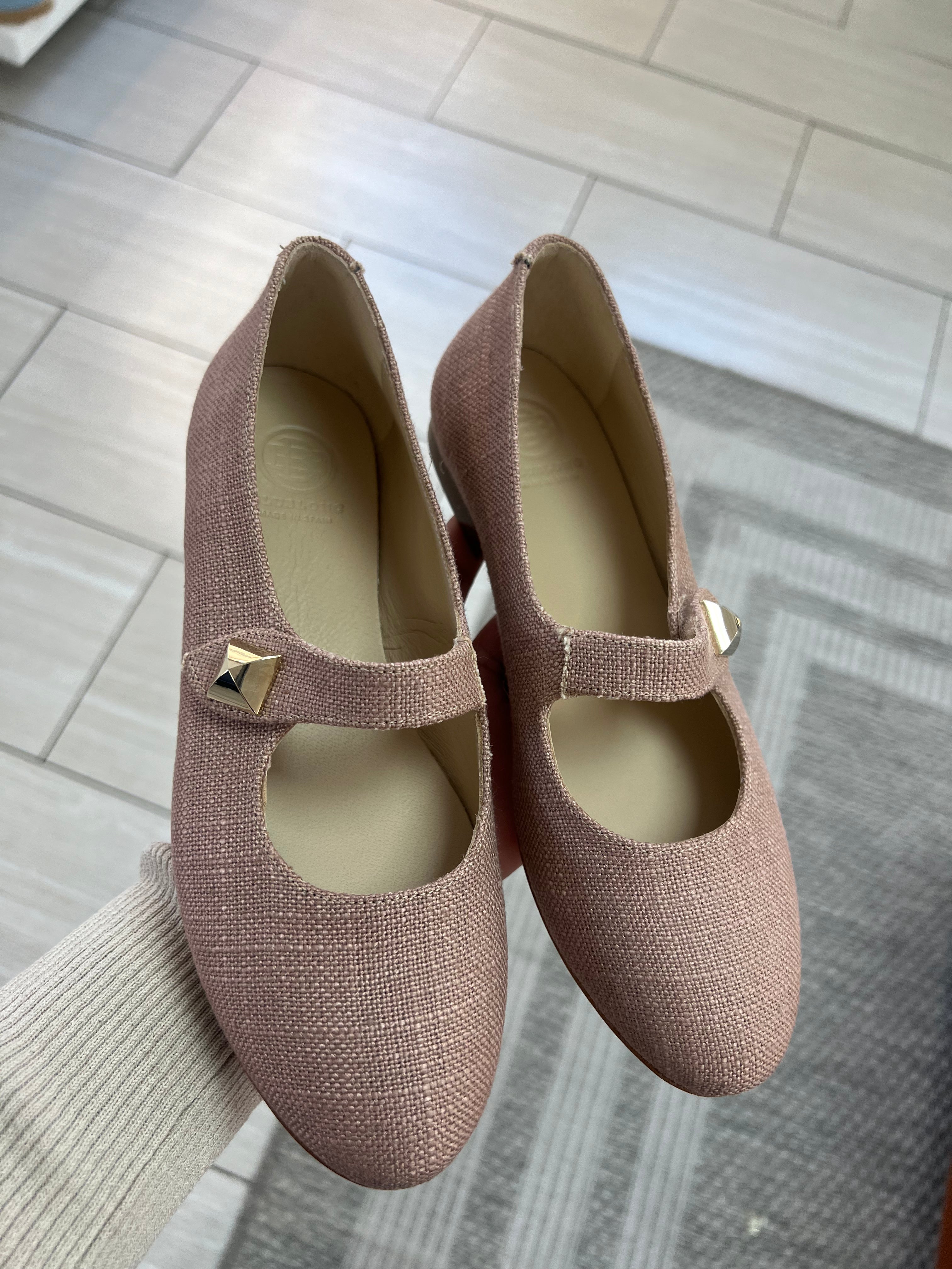 Blublonc Pink Linen Stud Mary Jane Shoes for Women - Comfortable & Stylish Flats with Rhinestone Decor - Perfect for Casual Wear, Office, and Special Occasions