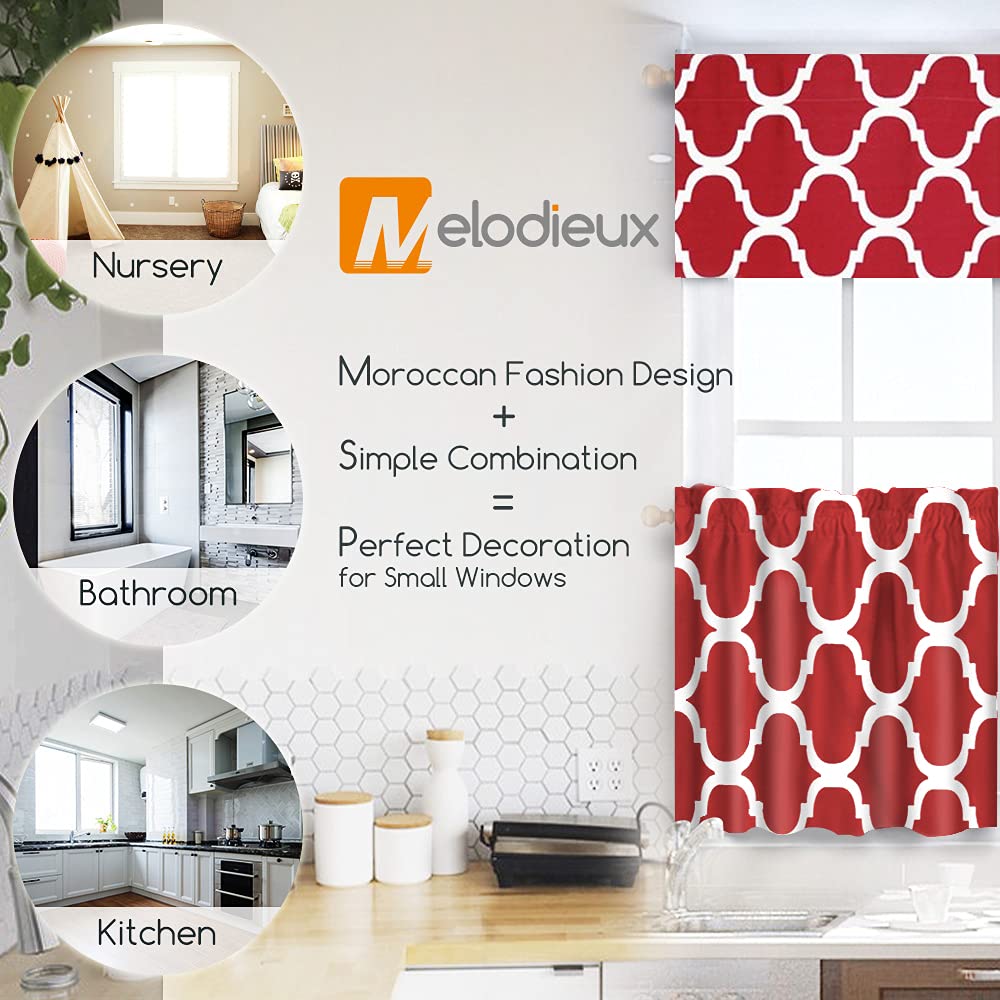 Melodieux Set of 2 Moroccan Style Geometric Lattice Tier Curtains - 29x36 Inch, Red | Rod Pocket Design for Kitchen, Cafe & Bathroom Small Windows | Perfect for Boho Home Decor & Privacy