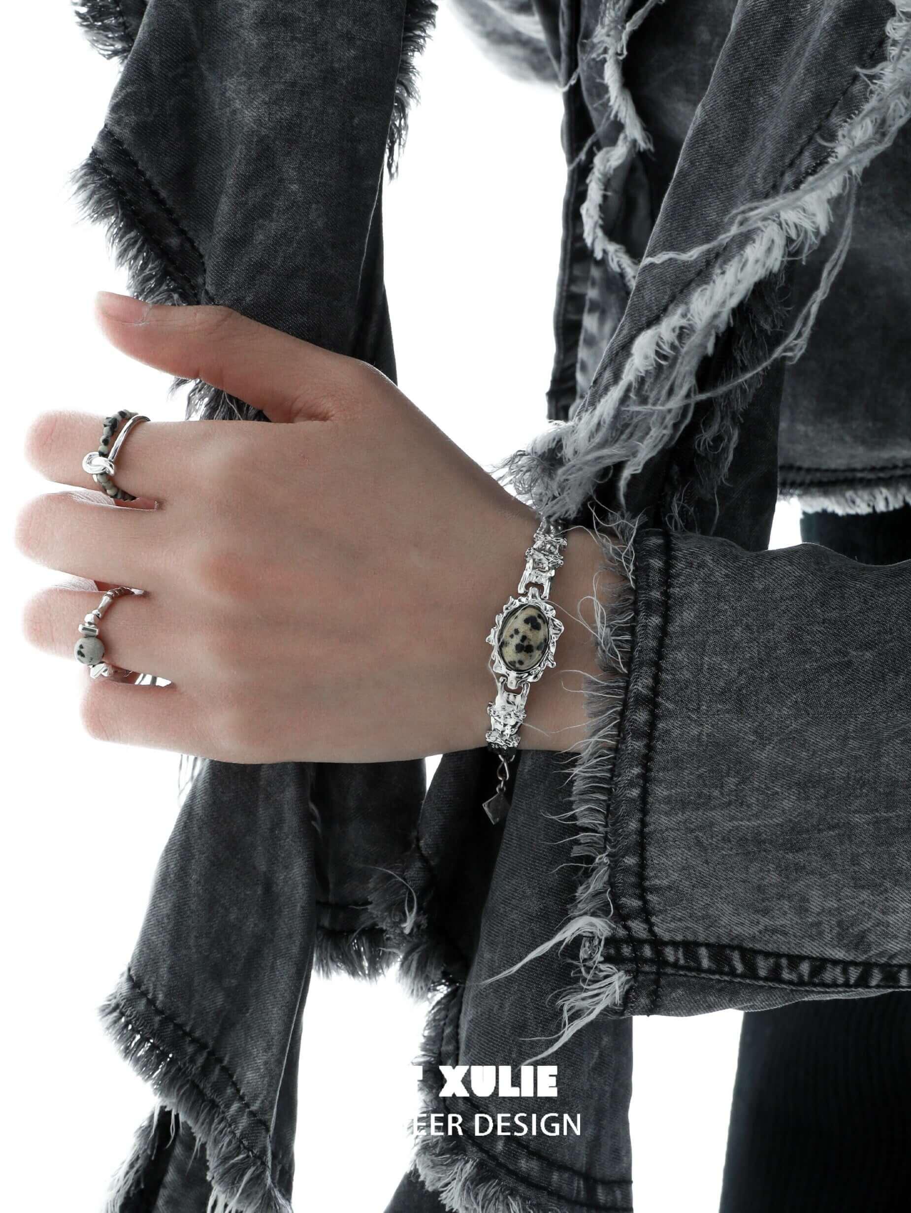 Stone Age S925 Sterling Silver Speckled Stones Open Ring for Women - Trendy Minimalist Jewelry for Everyday Wear, Gift Giving & Boho Fashion