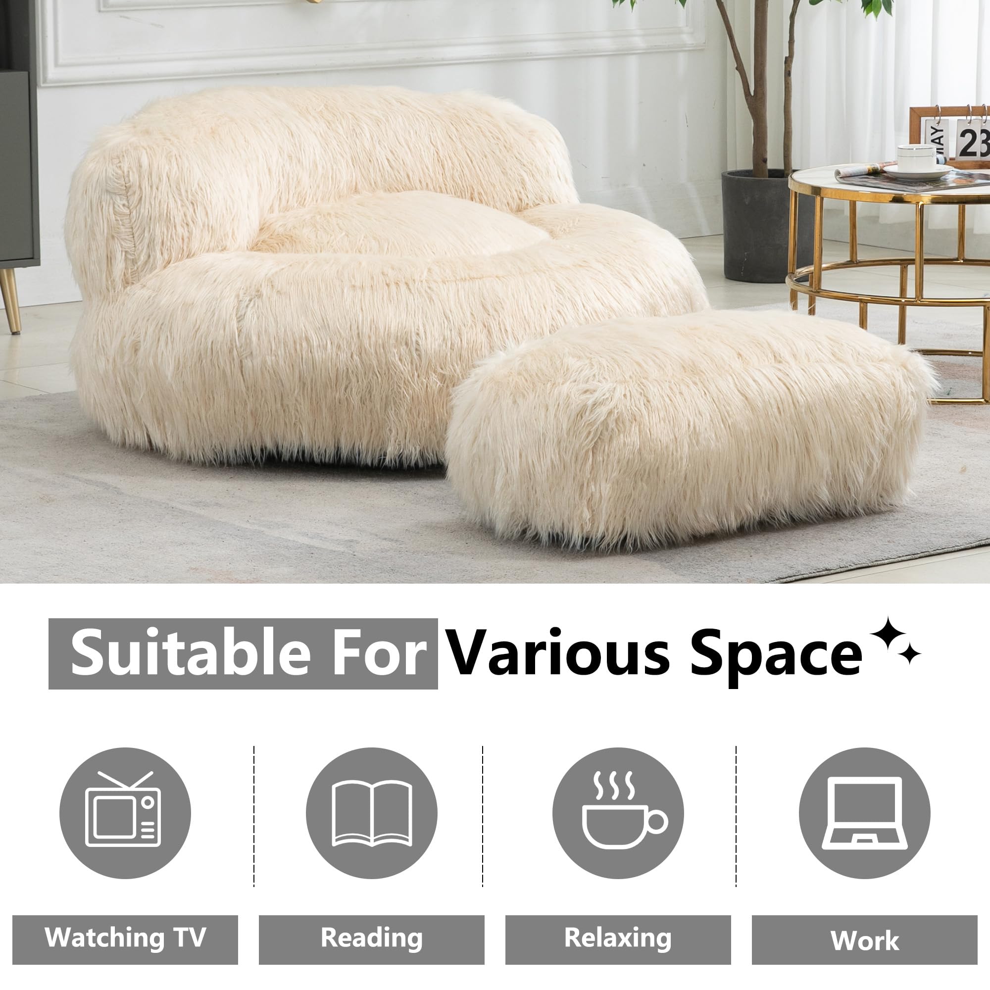 Soft Fluffy Faux Fur Bean Bag Chair with Ottoman - Large Shaggy Plush Lazy Sofa Bed for Living Room, Bedroom & Home Office - Modern Accent Furniture for Relaxing, Gaming & Lounging (Beige)