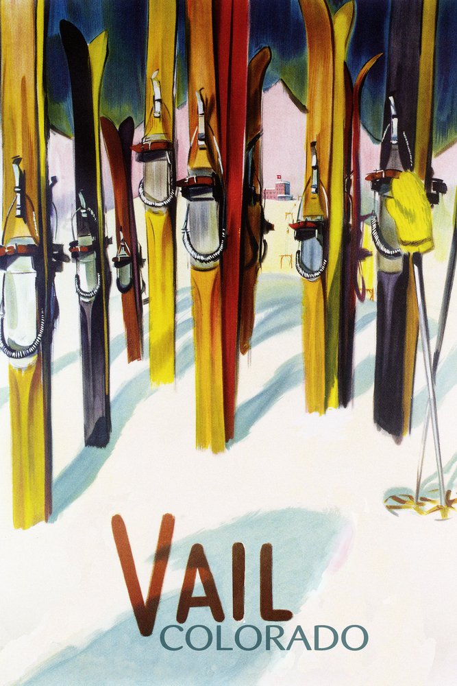 Vail Colorado Colorful Skis Wall Art - 24x36 Inches Gallery Quality Metal Print, Aluminum Home Decor for Ski Lovers - Perfect for Living Room, Ski Lodge & Mountain Cabin Decor