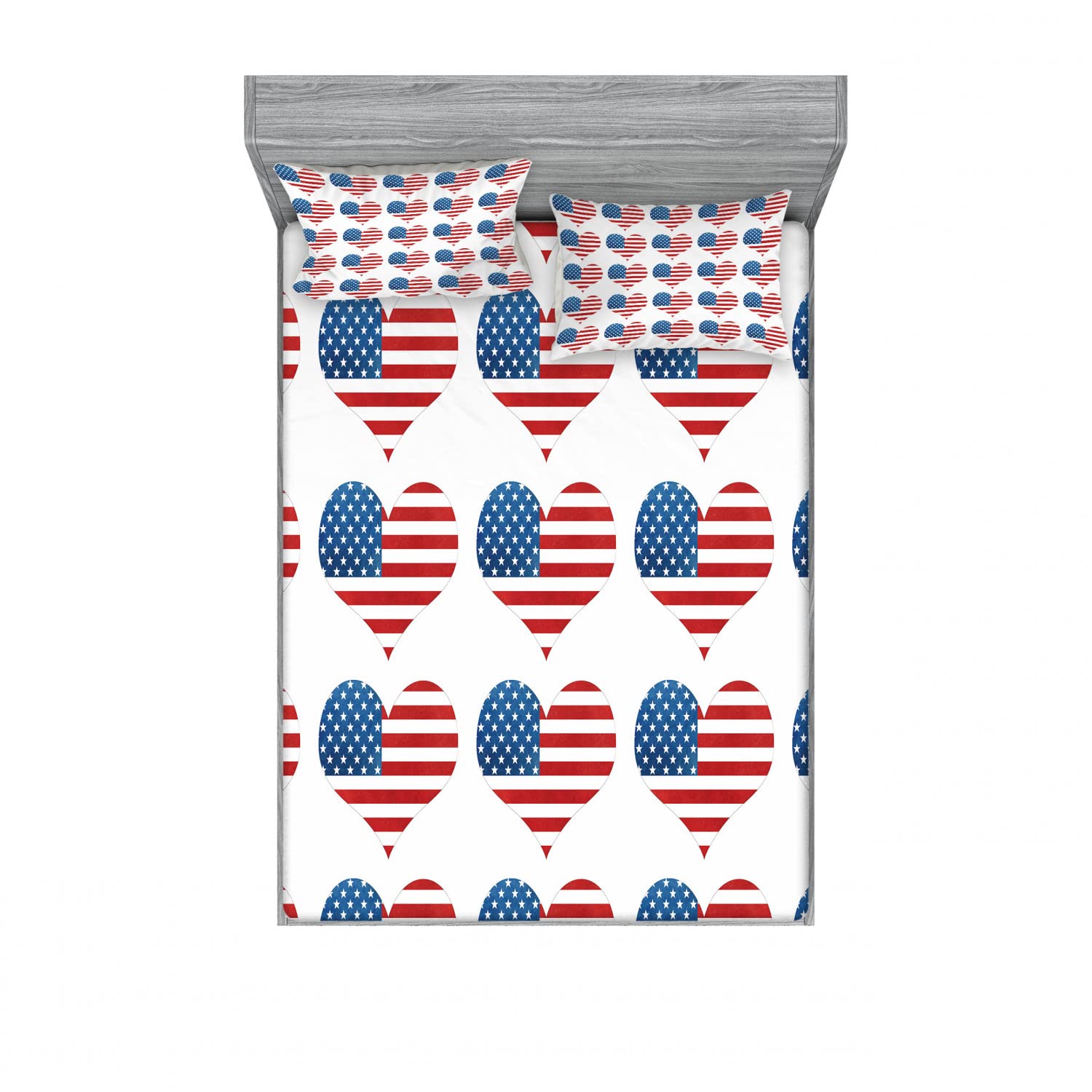 Ambesonne American Flag 2-Pack Queen Size Fitted Sheet Set with 4 Pillow Shams - Patriotic Red White & Blue Bedding Decor for 4th of July, Memorial Day, Veterans Day & Home Decor