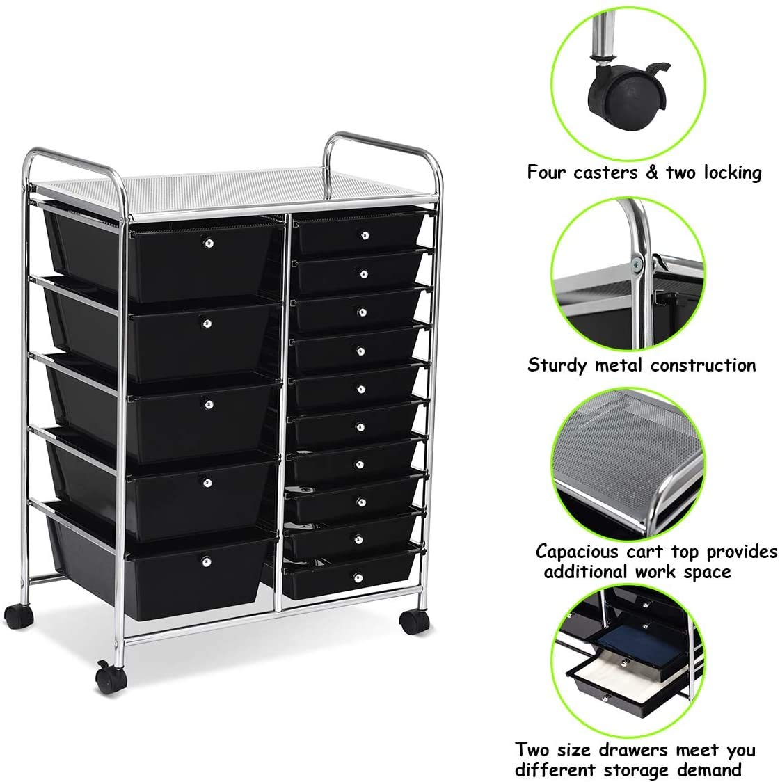 ARLIME 15-Drawer Rolling Storage Cart with Wheels - Mobile Organizer for Office, School & Craft Room - Perfect for Scrapbook Paper, Art Supplies & Stationery Storage (Black)