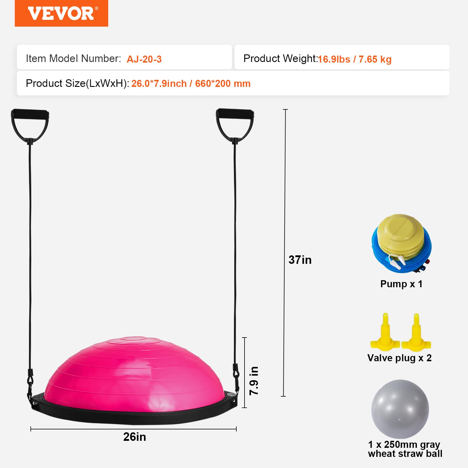VEVOR 23/26 Inch Half Exercise Ball Trainer - 1500lbs Capacity Stability & Balance Ball with Resistance Bands & Foot Pump - Yoga Fitness Ball for Home Gym, Core Workouts, Pilates, Physical Therapy & Full Body Training (Black)