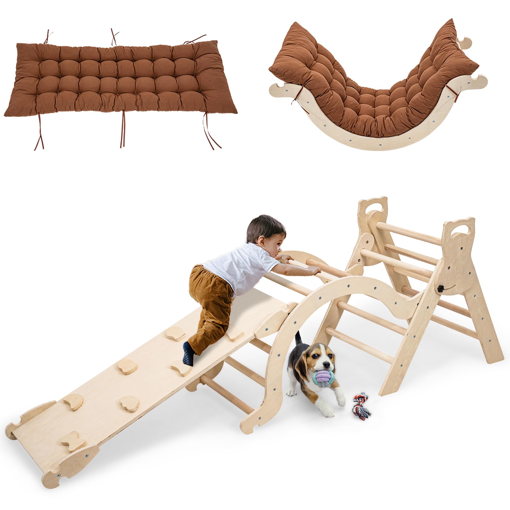 Pikler Triangle Set with Cushion - Natural Wood Toddler Climber & Montessori Climbing Toys for Kids 1-5 Years | Indoor Play Gym for Toddlers, Safe Developmental Activity for Home, Daycare or Preschool