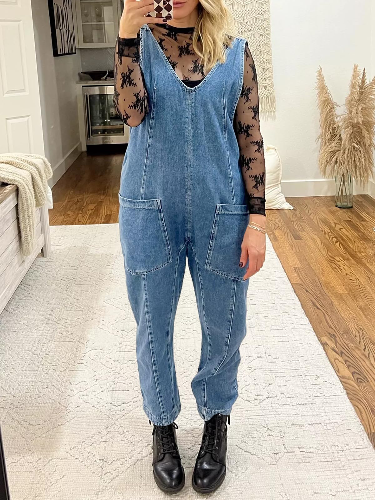 PLNOTME Women's Denim Overalls - Sleeveless V-Neck Jumpsuit with Adjustable Straps, Long Pants Romper for Casual Wear & Outdoor Activities | Perfect for Summer, Travel, and Street Style Fashion