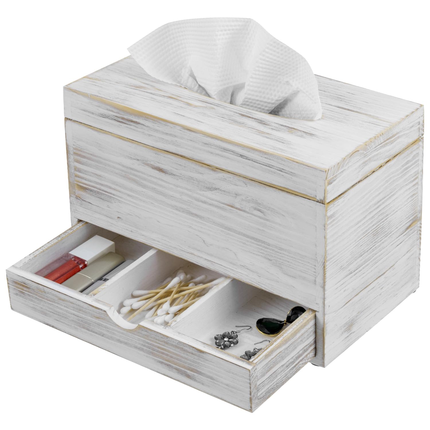 Modern Clear Acrylic Tissue Box Holder with Pull-Out Drawer for Makeup & Cosmetics | Vanity Organizer for Bathroom Countertop | Perfect for Makeup Storage, Cotton Pads & Beauty Accessories (White Wood)
