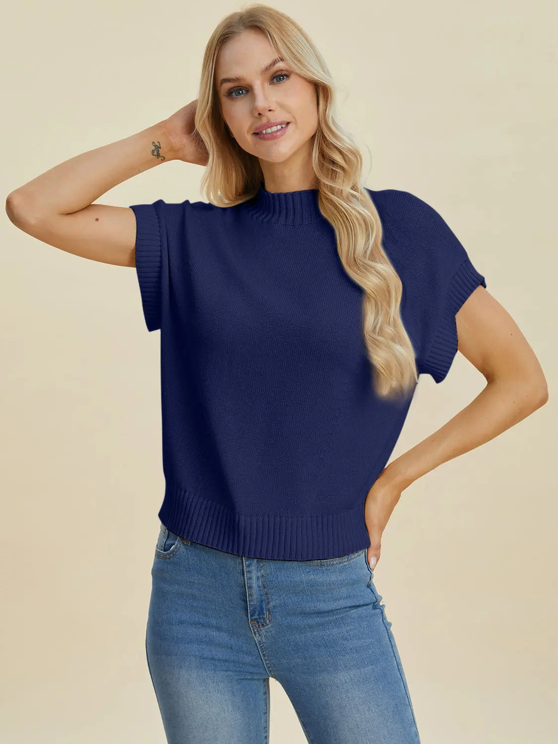Double Take Full Size Mock Neck Short Sleeve Sweater for Women - Soft Knit Pullover Top for Casual Wear & Office Outfits | Perfect for Fall & Winter Layering