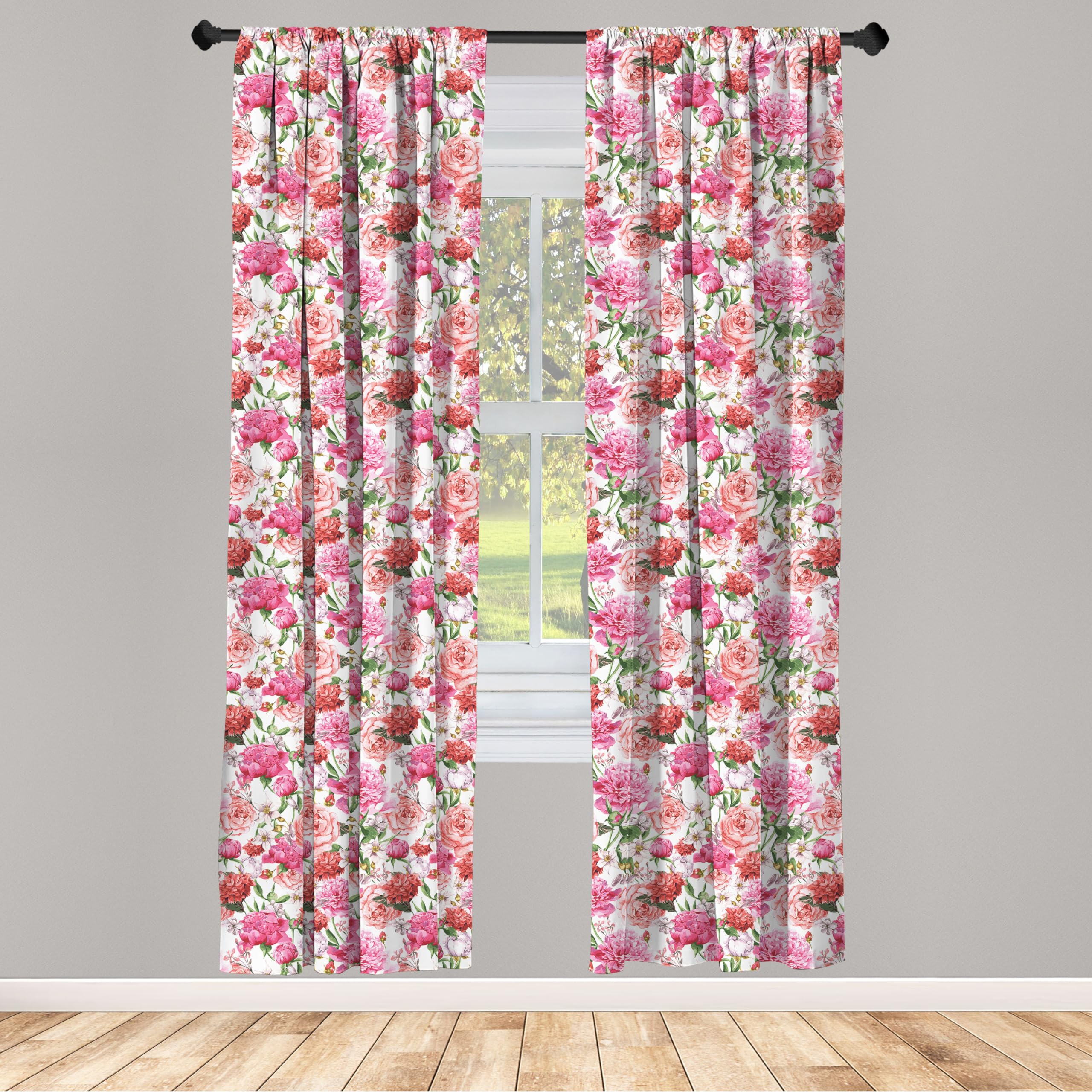 Ambesonne Floral Curtains - Pink Shabby Chic Garden Flowers with Leaves & Buds Design, 2 Panel Set (28