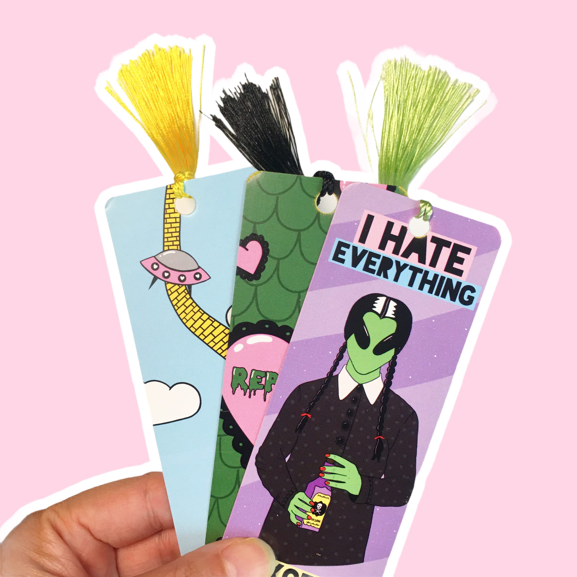 Set of 3 Alien Wednesday Addams UFO Reptilian Funny Cardstock Bookmarks with Tassels - Perfect for Book Lovers, Gifts & Halloween Party Favors