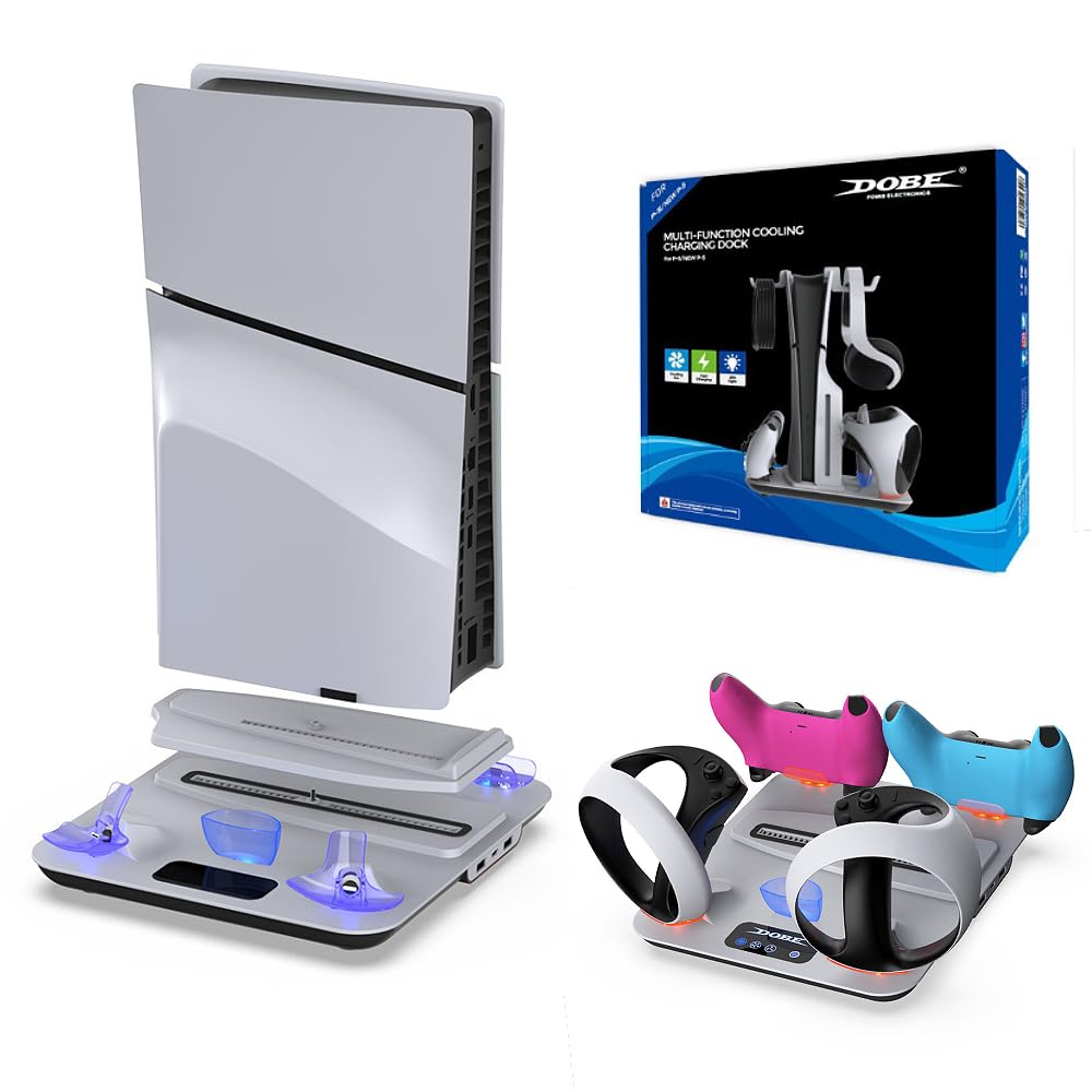 BeisDirect PS5 Cooling Fan for PS5 Slim/PS5 Console, Charging Dock Station for PSVR 2 & PS5, Multi-Functional Vertical Stand with Controller Charger for PS5 VR 2 - Perfect for Gaming Setup & VR Accessories Organization