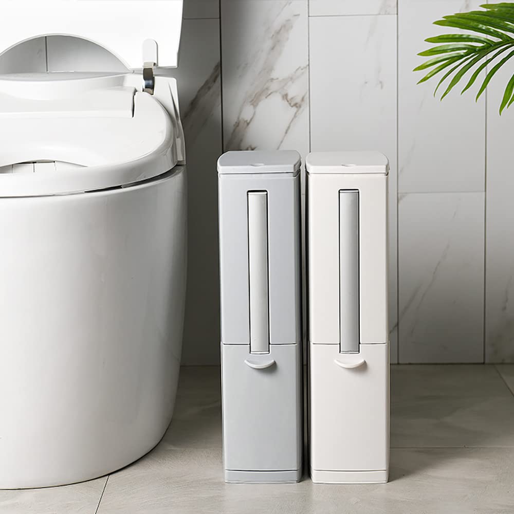 Slim White Rectangular Modern Bathroom Trash Can with Pop-Up Lid - 5 Liter 3-in-1 Waste Bin with Brush & Holder, Press Top Garbage Can for RV, Home, Office - Perfect for Small Spaces, Bathrooms & Travel Use