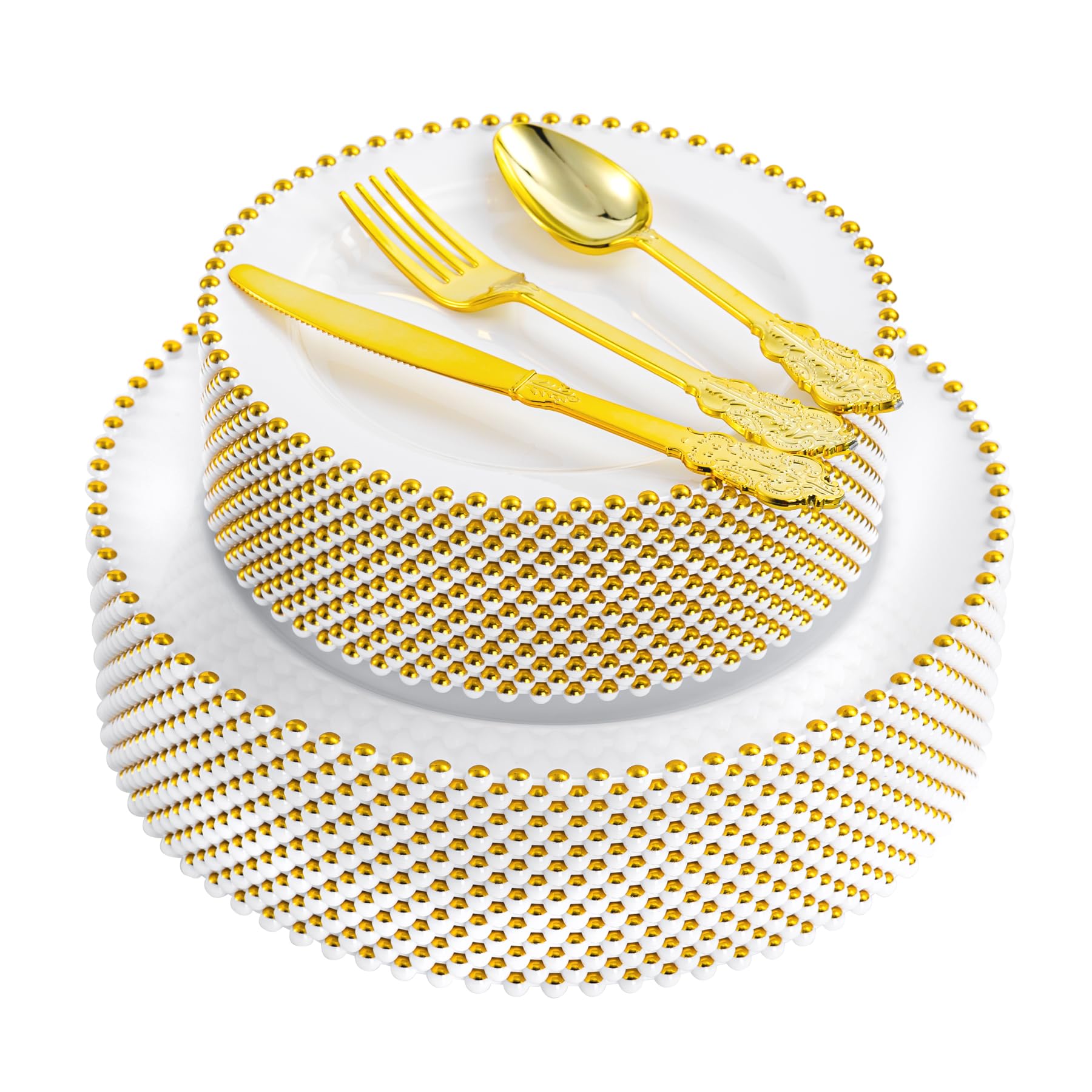 75-Piece Gold Plastic Dinnerware Set with Beaded Rim - 15 Dinner Plates, 15 Dessert Plates, 15 Forks, 15 Spoons, 15 Knives - Heavy Duty Disposable Tableware for Parties, Weddings & Special Events - Elegant & Durable for Catering, Banquets & Home Entertaining
