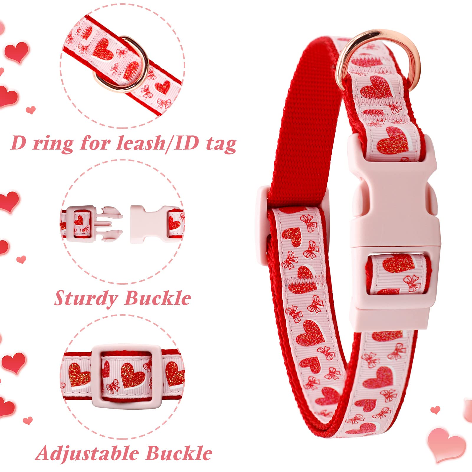 Valentine's Day Dog Collar & Leash Set - Adjustable Pink Glitter Collar with Red Heart Pattern, Matching Leash for Small Dogs | Perfect Valentine's Gift for Puppies, Dog Walking & Special Occasions