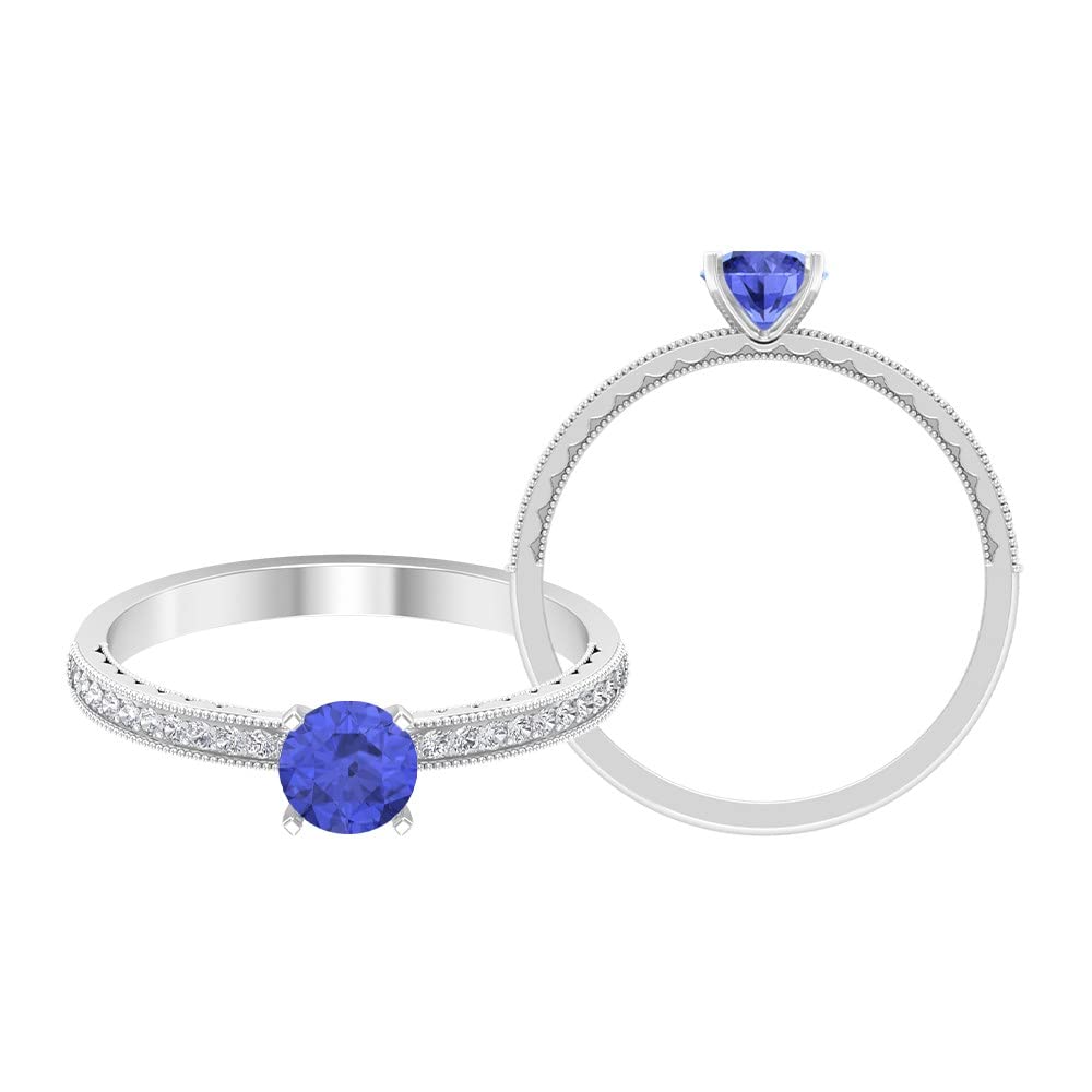 3/4 CT Tanzanite and Diamond Engagement Ring - 14K Solid Gold Solitaire Ring with Milgrain Detailing & Side Stones | Perfect for Proposals, Anniversaries & Special Occasions
