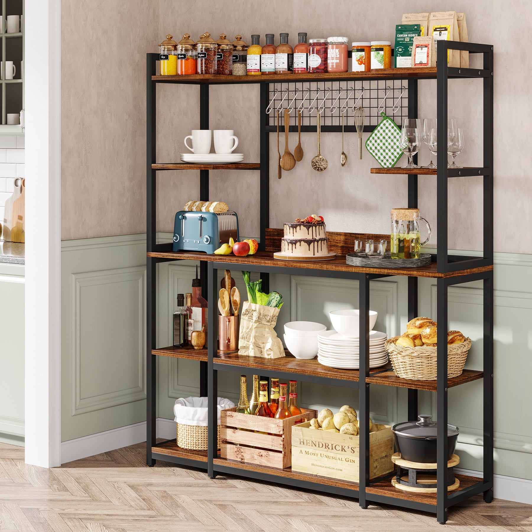5-Tier Kitchen Baker's Rack with 11 Hooks - 55 Inch Wide Metal Storage Shelf for Spices, Cookware & Baking Supplies - Perfect for Pantry, Garage & Small Space Organization