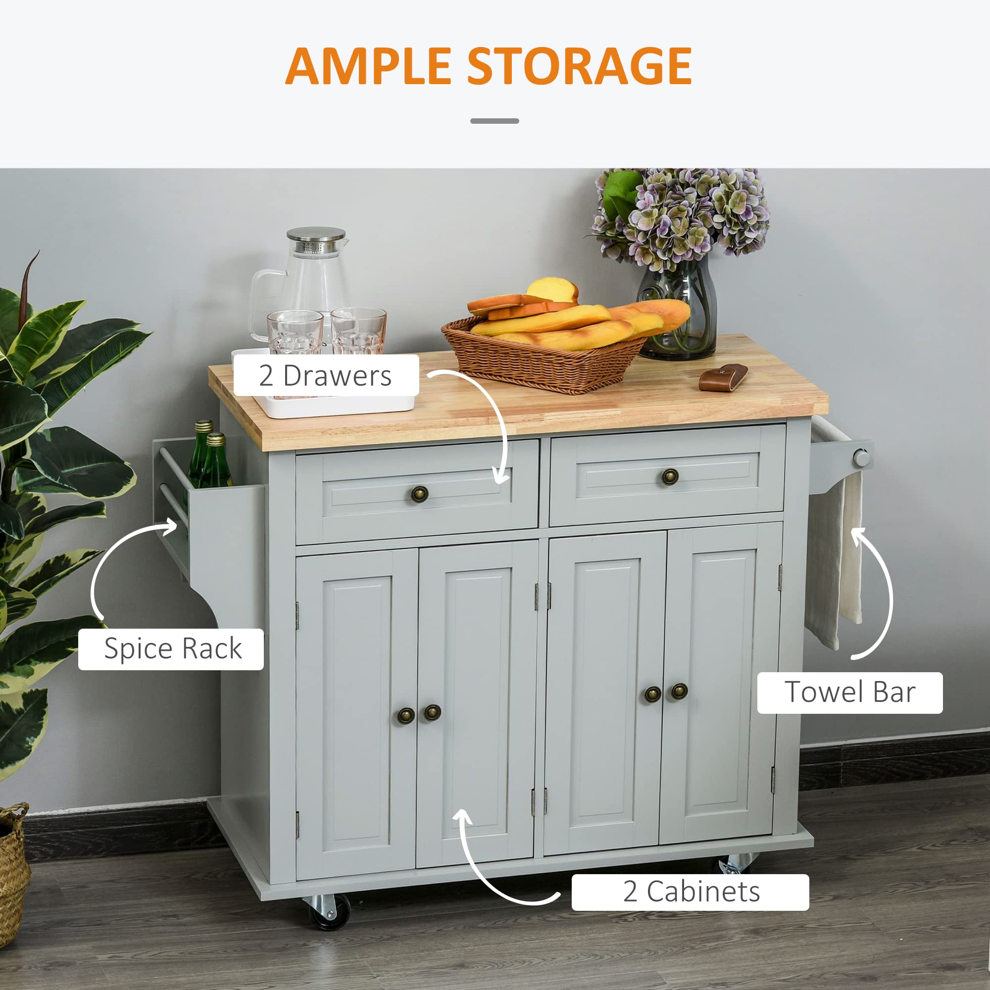 HOMCOM Mobile Kitchen Island Cart with Rubberwood Top, Spice Rack, Towel Bar & Storage Drawers - Grey | Perfect for Small Kitchens, Dining Rooms & Apartment Living