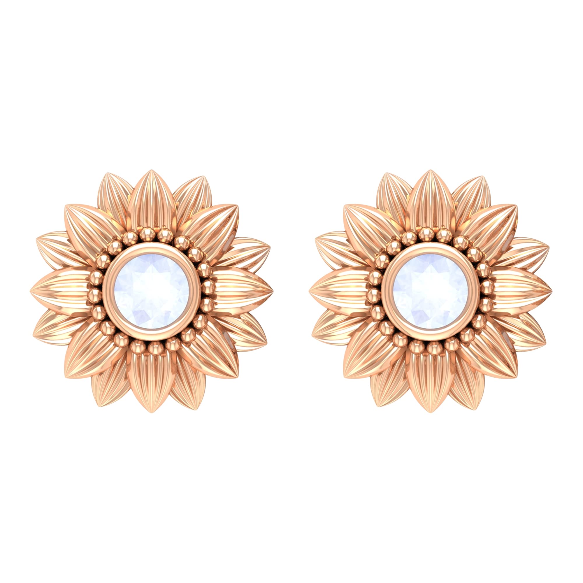 0.25 CT Moonstone Floral Stud Earrings for Women - 14K Solid Gold Bezel Set June Birthstone Earrings with Secure Screw Back - Perfect for Weddings, Anniversaries & Everyday Elegance