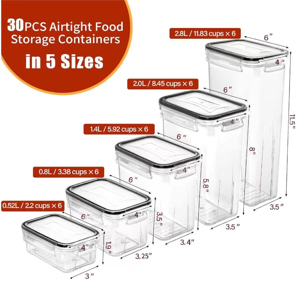 PRAKI 30-Piece Airtight Food Storage Container Set - BPA-Free Plastic Canisters with Lids for Cereal, Flour, Sugar & Dry Goods | Includes 40 Labels, 6 Spoons & Marker | Perfect for Kitchen Pantry Organization & Bulk Food Storage