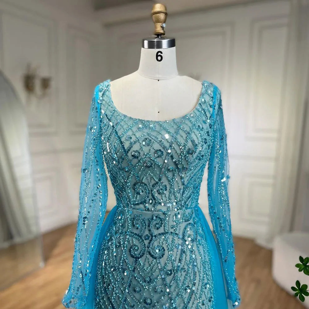 Elegant Blue Muslim Mermaid Evening Dress with Beaded Overskirt for Women - Wedding, Party & Special Occasion Gowns 2025 | LA72409 | Perfect for Bridal Showers, Galas & Formal Events