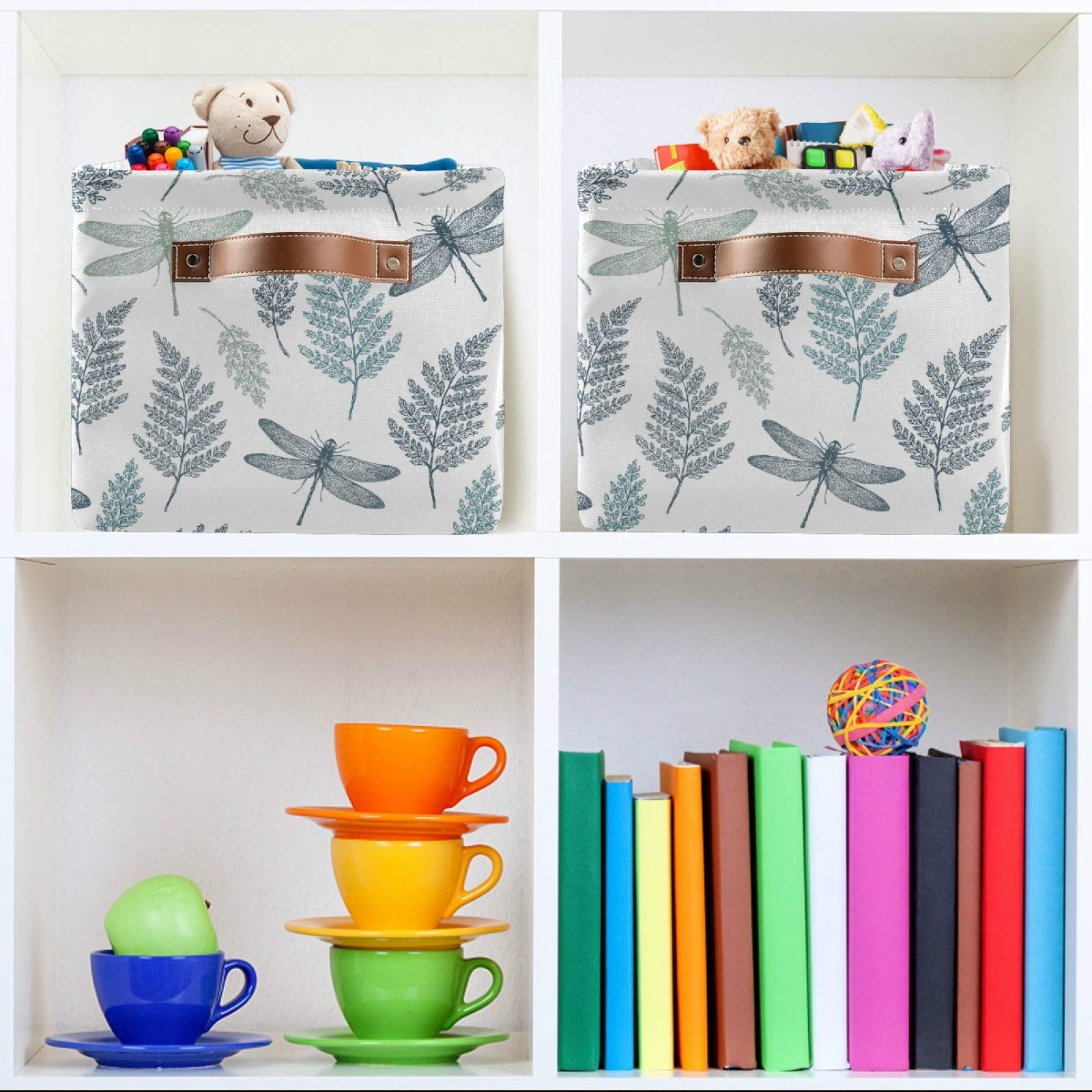 Susiyo Large Foldable Storage Bin - Fern Botanical Dragonfly Fabric Collapsible Basket with PU Handles for Home Organization | Perfect for Shelves, Closet, Bedroom & Living Room Storage (1-Pack)