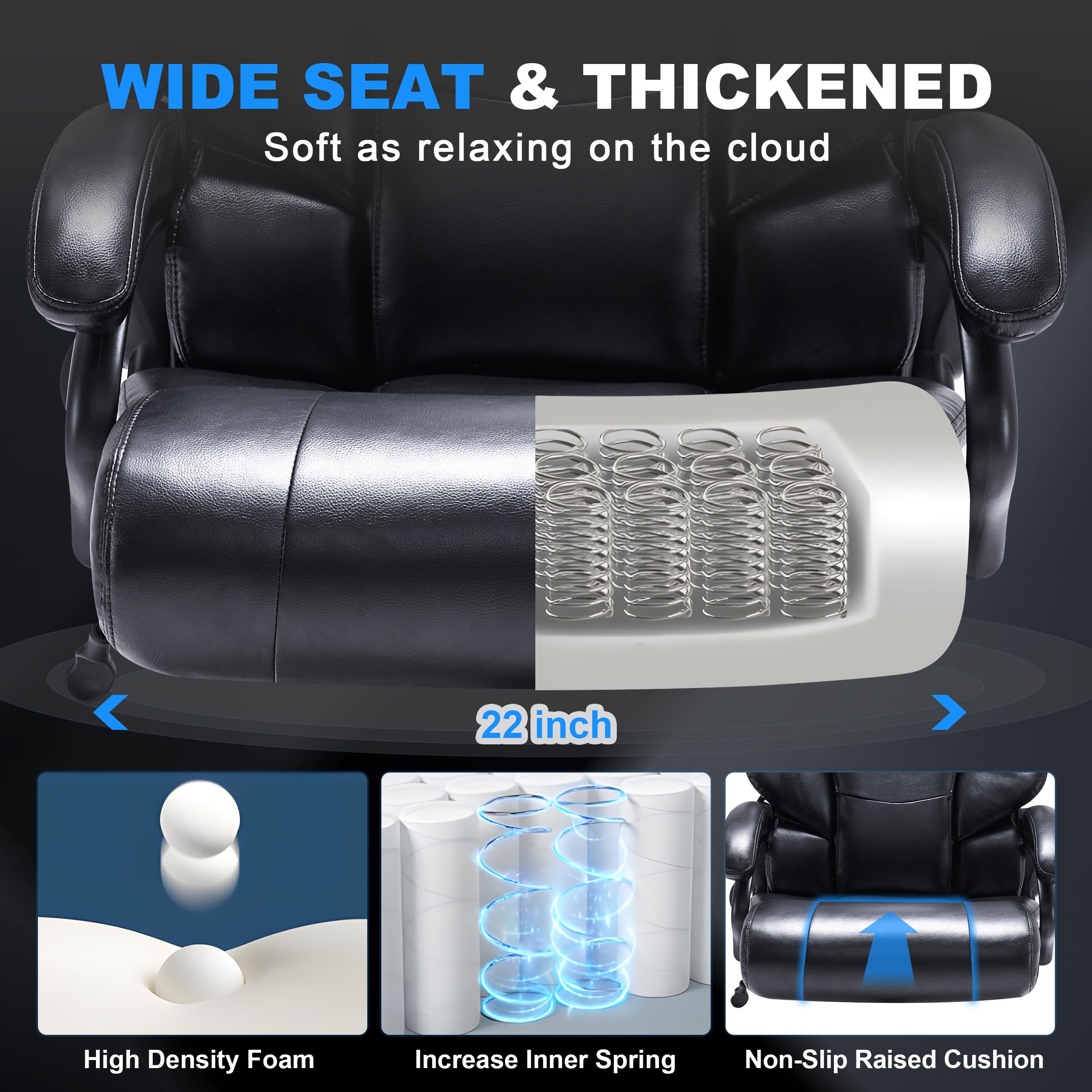 Big and Tall Office Chair 500LBS - Heavy Duty Executive Ergonomic Chair for Large People - Breathable Leather Desk Chair with Lumbar Support for Back Pain Relief - Perfect for Long Hours Work & Home Office (Black)