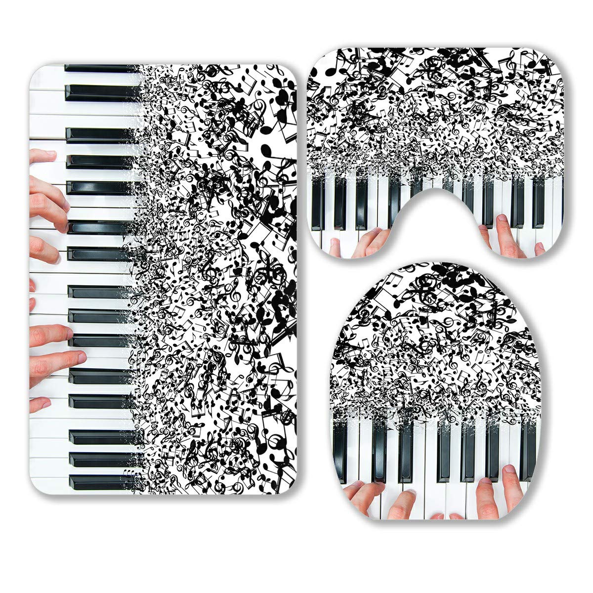 ECZJNT 3-Piece Piano Music Notes Bathroom Rug Set - Non-Slip Contour Mat & Toilet Lid Cover for Bathroom Decor - Perfect for Musicians, Piano Lovers & Music-Themed Home Decor