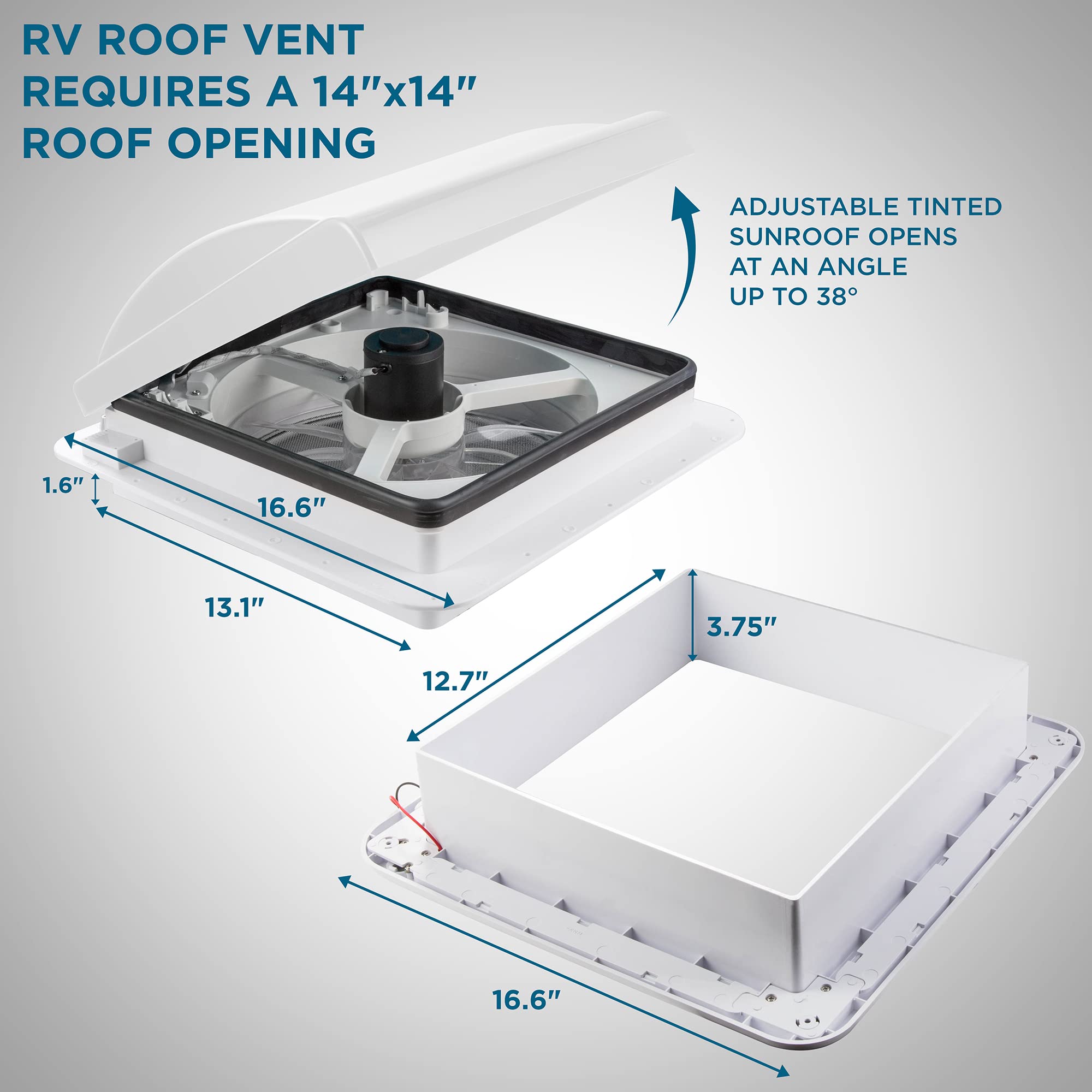 14” RV Roof Vent Fan by Hike Crew - 12V 3-Speed Intake & Exhaust Camper Fan with Manual Open/Close | Includes Screws & White Lid Garnish | Perfect for RV, Camper & Van Life Ventilation