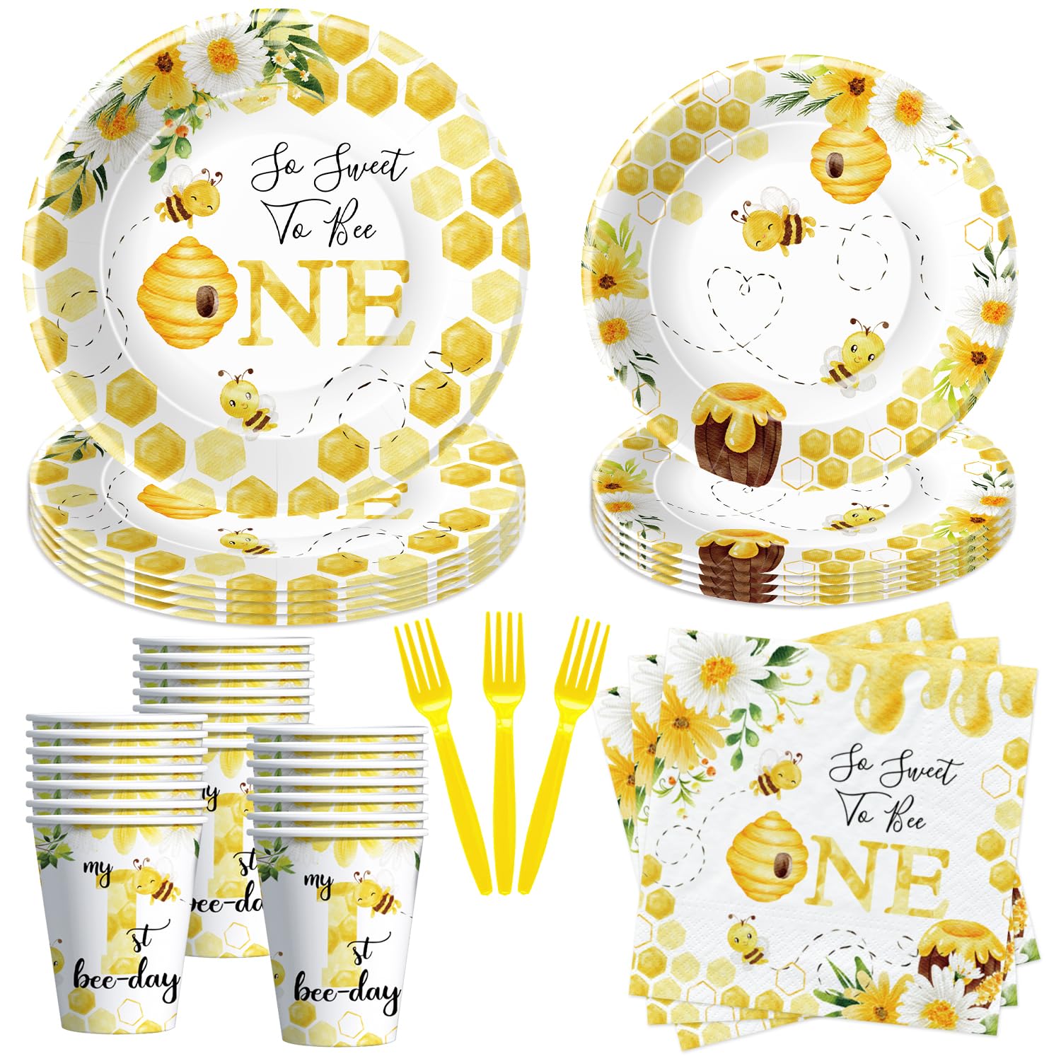 1st Birthday Bee Party Supplies - Bumble Bee Themed Decorations, Dinnerware Set (Plates, Cups, Napkins, Forks) for Baby's First Birthday | 24-Piece Set - Perfect for 1-Year-Old Birthday Parties, Baby Showers & Bee-Themed Celebrations