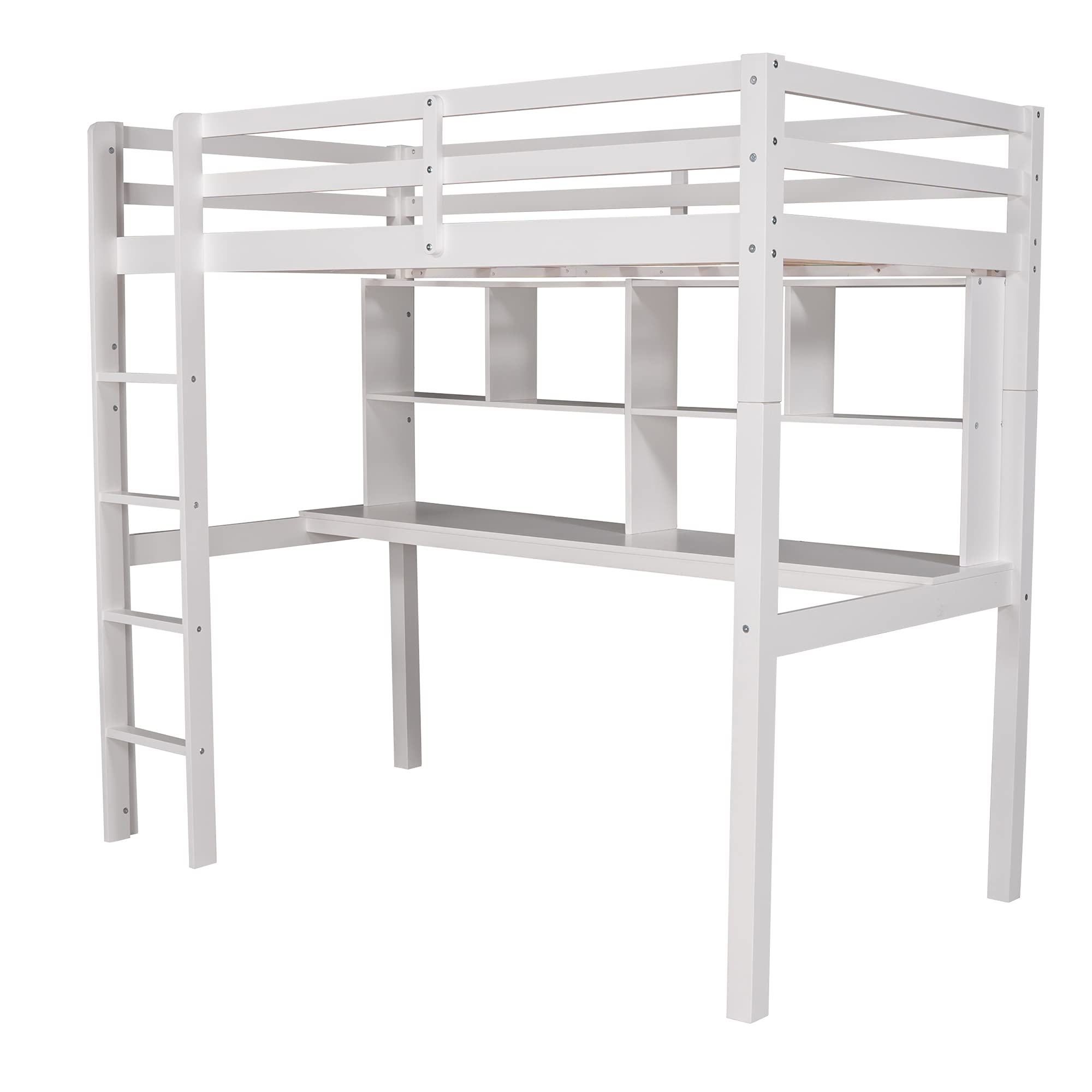Twin Size Loft Bed with Built-in Desk & Shelves | Solid Wood Frame with Ladder & Safety Rail | No Box Spring Required | Perfect for Small Bedrooms, Dorms & Kids Rooms (White)