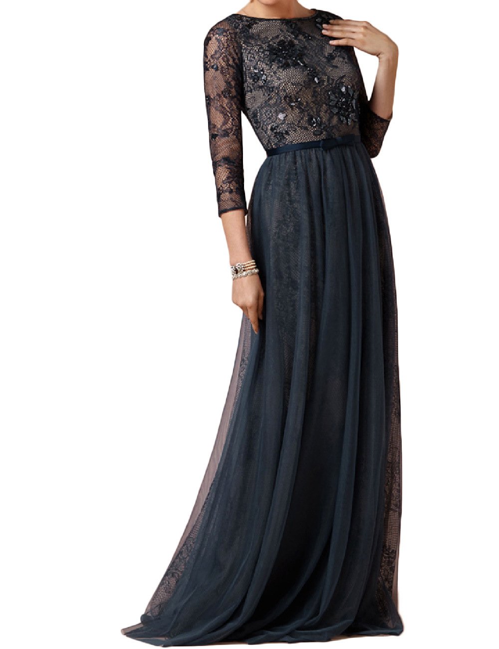 OYISHA Women's Elegant 3/4 Sleeve Beaded Mother of The Bride Dress - Formal Wedding Guest Gown for Special Occasions, Church Events & Evening Parties